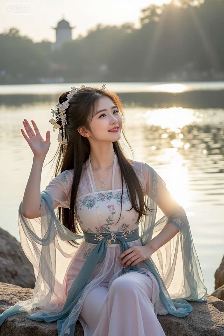 a young woman,long black hair,looking at viewer,hanfu,Chinese dress,sitting on rock,hair accessories,jewelry,hair ornament, chinese clothes, shawl,waving,smile,lake,sunshine,strong lighting,bright
