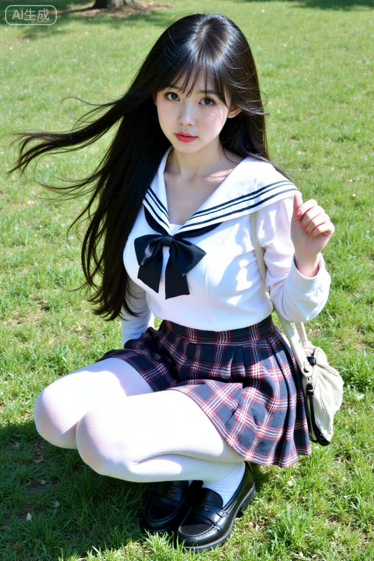 a young woman with long black hair,huge breasts,school uniform,Collared white shirt,bowtie,white pantyhose,plaid skirt,legs,wind,sitting,black loafers,knee up,lawn,sun