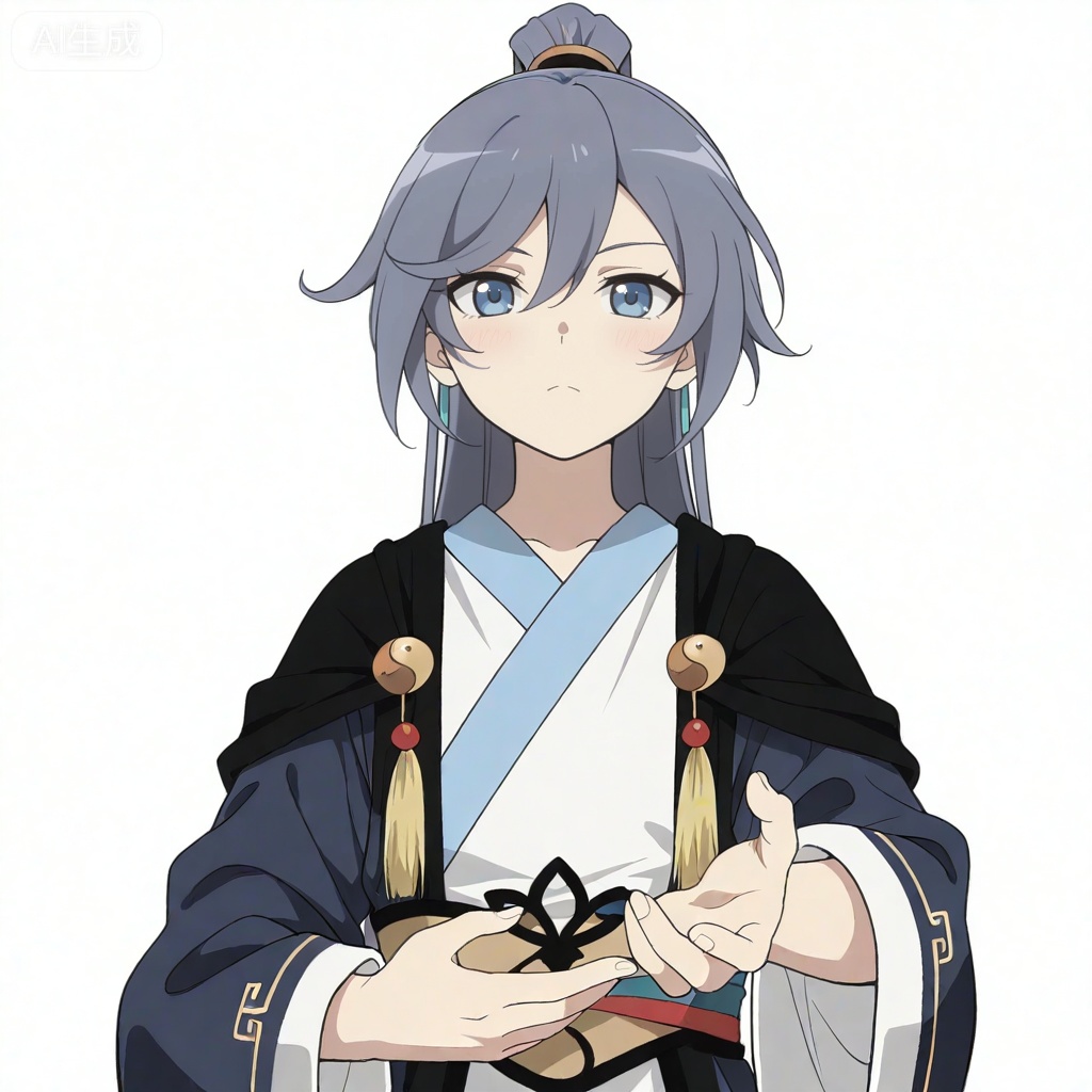 masterpiece, best quality,solo,((white background:1.2)),simple background,, 
looking at viewer,canzhuo_style,fu_hua,ponytail,hanfu,long sleeves,ornament,Chinese clothes,taoist robes,boots,gold_trim,jewelry,Tassel