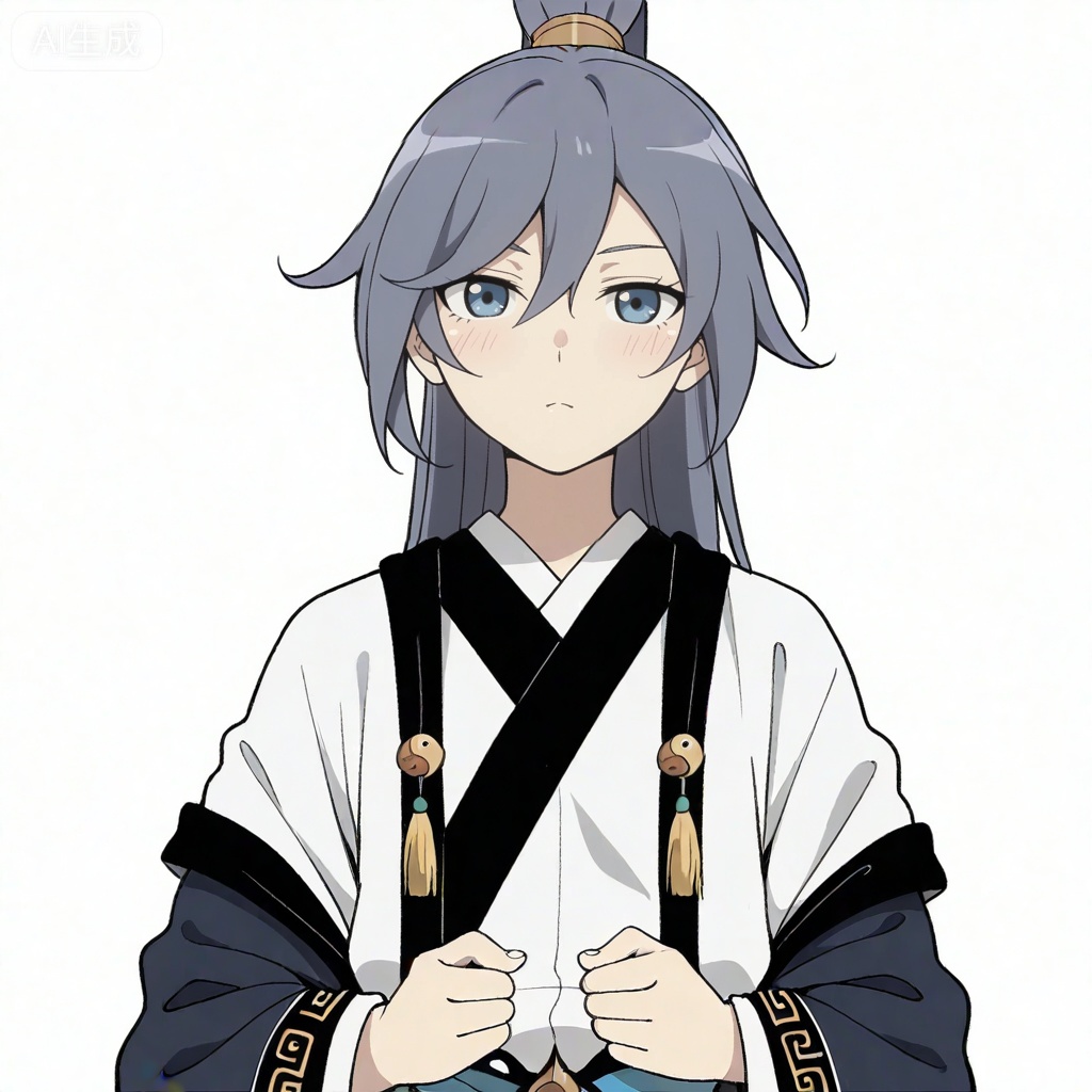 masterpiece, best quality,solo,((white background:1.2)),simple background,, 
looking at viewer,canzhuo_style,fu_hua,ponytail,hanfu,long sleeves,ornament,Chinese clothes,taoist robes,boots,gold_trim,jewelry,Tassel