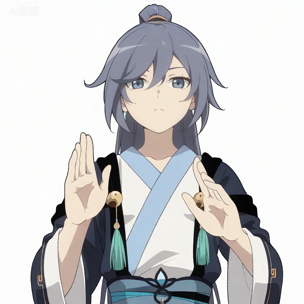 masterpiece, best quality,solo,((white background:1.2)),simple background,, 
looking at viewer,canzhuo_style,fu_hua,ponytail,hanfu,long sleeves,ornament,Chinese clothes,taoist robes,boots,gold_trim,jewelry,Tassel