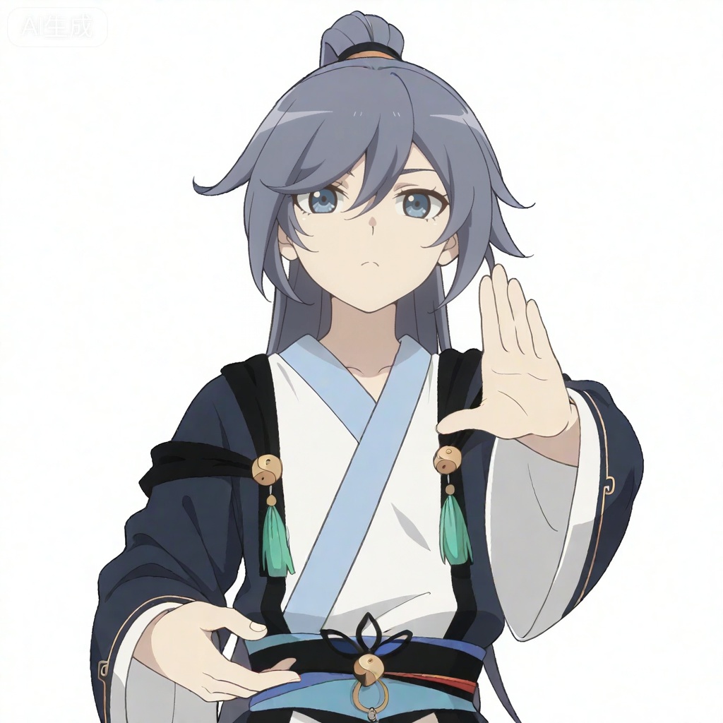 masterpiece, best quality,solo,((white background:1.2)),simple background,, 
looking at viewer,canzhuo_style,fu_hua,ponytail,hanfu,long sleeves,ornament,Chinese clothes,taoist robes,boots,gold_trim,jewelry,Tassel