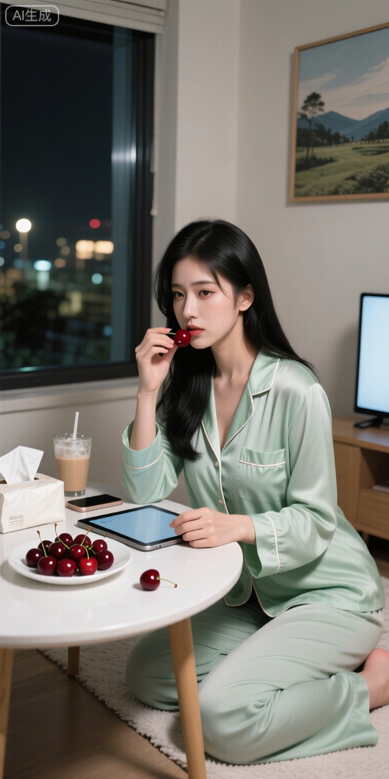 室内场景中,窗外是灯火通明的晚上,一位化着精致妆容的黑色长发年轻女性身穿浅绿色长裤睡衣,正坐在桌前一只手托腮,一只手拿着樱桃在吃樱桃,一边看着平板,平板里放着电视,桌子旁边上有一个白色盘子,盘子里有很多樱桃,还有掉落的一个樱桃,一包抽纸,一部手机,还有冰镇一杯奶茶,墙壁上挂着风景图, 人像摄影,日常快照风格,非精心构图或打光,神情忧郁妖冶少女,冷白皮,时尚穿搭,瓜子脸尖下巴,皮肤白皙,底妆通透,肤色均匀自然,纯欲风。,发丝清晰可见,皮肤白皙,底妆通透,肤色均匀自然,纯欲风。光线柔和自然,非均匀打光,表情自然松弛,照片毫无修饰感,带有生活真实感。ccd拍照感,iphone实拍,真人,真实生活,