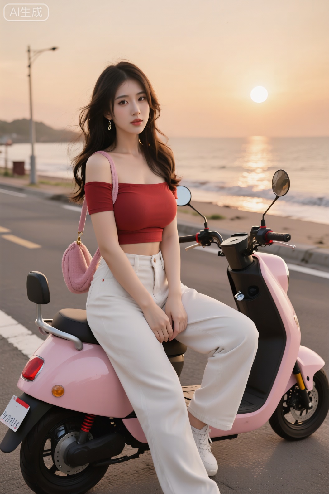现代海边治愈,20多岁,白皙,气质,清纯五官精致肤白貌美,身才高挑,漂亮,灰棕色长卷发,红色一字肩露脐上衣,白色在你工装裤,佩戴简约手链、背着精致斜挎包包,骑着一辆粉色电动车,女孩把电动车停在海边,坐在马路路边上,享受海风,海风把女孩的头发吹的微微飘动,全景镜头,金红色夕阳低垂,将道路和人物染上温浓郁温暖的夕阳色调,画面宁静开阔,画面传递治愈感,自然色彩,清晰的纹理和质感,细节丰富。 人像摄影,日常快照风格,非精心构图或打光,上半身特写,神情忧郁妖冶少女,冷白皮,时尚穿搭,瓜子脸尖下巴,皮肤白皙,底妆通透,肤色均匀自然,纯欲风。,发丝清晰可见,皮肤白皙,底妆通透,肤色均匀自然,纯欲风。光线柔和自然,非均匀打光,表情自然松弛,照片毫无修饰感,带有生活真实感。ccd拍照感,iphone实拍,真人,真实生活,