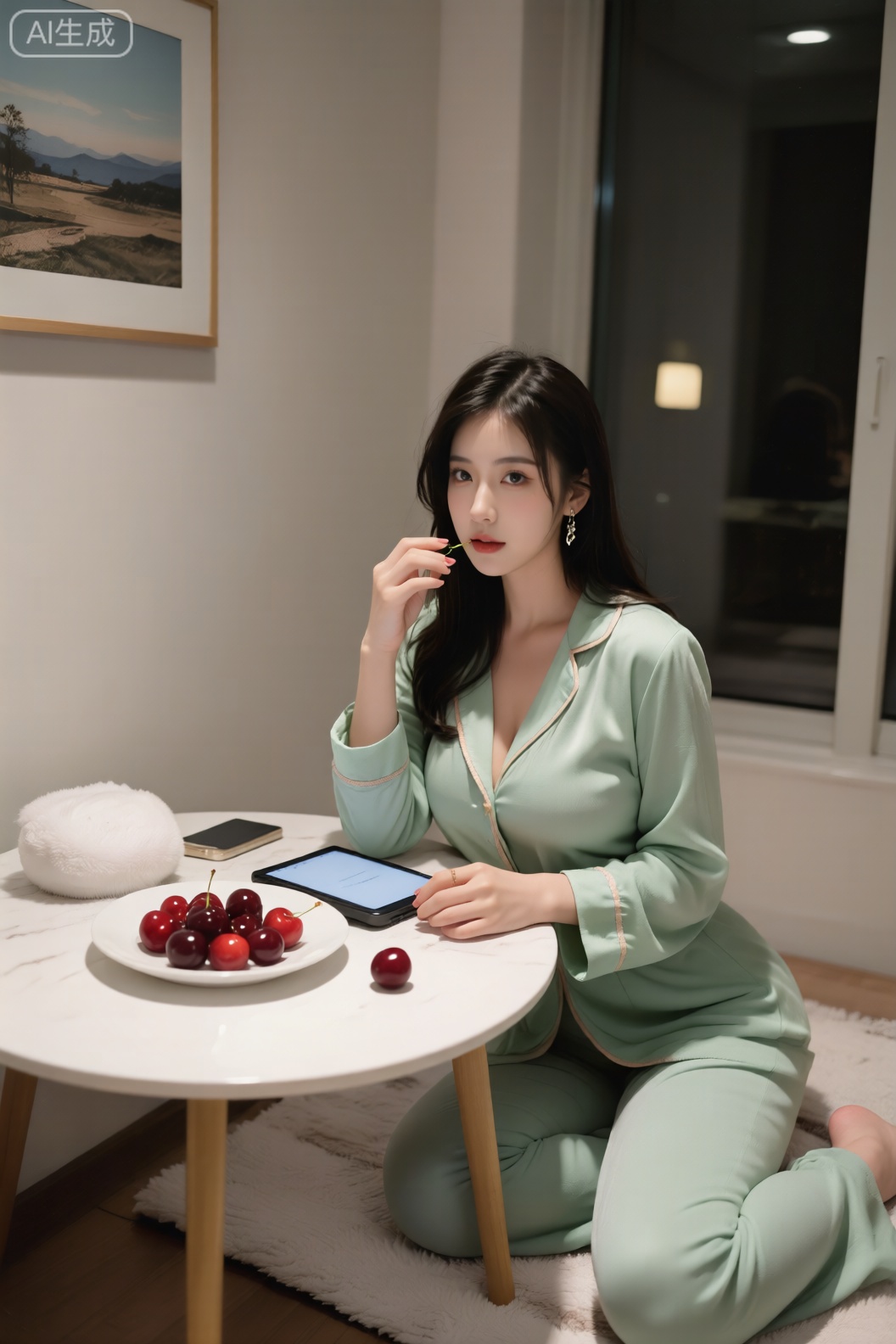 室内场景中,窗外是灯火通明的晚上,一位化着精致妆容的黑色长发年轻女性身穿浅绿色长裤睡衣,正坐在桌前一只手托腮,一只手拿着樱桃在吃樱桃,一边看着平板,平板里放着电视,桌子旁边上有一个白色盘子,盘子里有很多樱桃,还有掉落的一个樱桃,一包抽纸,一部手机,还有冰镇一杯奶茶,墙壁上挂着风景图, 人像摄影,日常快照风格,非精心构图或打光,神情忧郁妖冶少女,冷白皮,时尚穿搭,瓜子脸尖下巴,皮肤白皙,底妆通透,肤色均匀自然,纯欲风。,发丝清晰可见,皮肤白皙,底妆通透,肤色均匀自然,纯欲风。光线柔和自然,非均匀打光,表情自然松弛,照片毫无修饰感,带有生活真实感。ccd拍照感,iphone实拍,真人,真实生活,