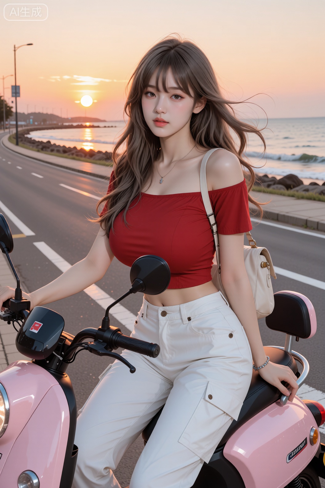 现代海边治愈,20多岁,白皙,气质,清纯五官精致肤白貌美,身才高挑,漂亮,灰棕色长卷发,红色一字肩露脐上衣,白色在你工装裤,佩戴简约手链、背着精致斜挎包包,骑着一辆粉色电动车,女孩把电动车停在海边,坐在马路路边上,享受海风,海风把女孩的头发吹的微微飘动,全景镜头,金红色夕阳低垂,将道路和人物染上温浓郁温暖的夕阳色调,画面宁静开阔,画面传递治愈感,自然色彩,清晰的纹理和质感,细节丰富。 人像摄影,日常快照风格,非精心构图或打光,上半身特写,神情忧郁妖冶少女,冷白皮,时尚穿搭,瓜子脸尖下巴,皮肤白皙,底妆通透,肤色均匀自然,纯欲风。,发丝清晰可见,皮肤白皙,底妆通透,肤色均匀自然,纯欲风。光线柔和自然,非均匀打光,表情自然松弛,照片毫无修饰感,带有生活真实感。ccd拍照感,iphone实拍,真人,真实生活,
