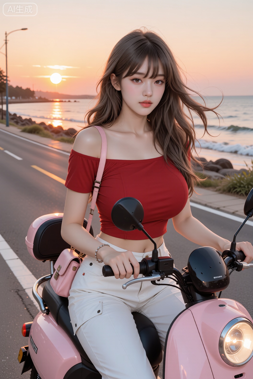 现代海边治愈,20多岁,白皙,气质,清纯五官精致肤白貌美,身才高挑,漂亮,灰棕色长卷发,红色一字肩露脐上衣,白色在你工装裤,佩戴简约手链、背着精致斜挎包包,骑着一辆粉色电动车,女孩把电动车停在海边,坐在马路路边上,享受海风,海风把女孩的头发吹的微微飘动,全景镜头,金红色夕阳低垂,将道路和人物染上温浓郁温暖的夕阳色调,画面宁静开阔,画面传递治愈感,自然色彩,清晰的纹理和质感,细节丰富。 人像摄影,日常快照风格,非精心构图或打光,上半身特写,神情忧郁妖冶少女,冷白皮,时尚穿搭,瓜子脸尖下巴,皮肤白皙,底妆通透,肤色均匀自然,纯欲风。,发丝清晰可见,皮肤白皙,底妆通透,肤色均匀自然,纯欲风。光线柔和自然,非均匀打光,表情自然松弛,照片毫无修饰感,带有生活真实感。ccd拍照感,iphone实拍,真人,真实生活,