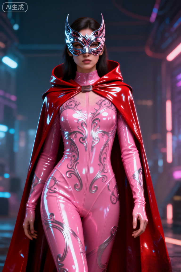 a photo-realistic shoot from a frontal camera angle about a female character in a futuristic outfit with a mask and cape, standing confidently in a dimly lit urban environment, the image also shows a woman in the middle of the image, who appears to be in her early twenties, with long dark hair and a serious expression, she is wearing a shiny, pink latex bodysuit with intricate silver designs, a red cape flowing behind her, and a silver mask covering her eyes, her body is slim, and she is standing confidently with her hands on her hips, looking directly at the viewer, the background is a futuristic cityscape with neon lights, giving the image a high-tech feel,
