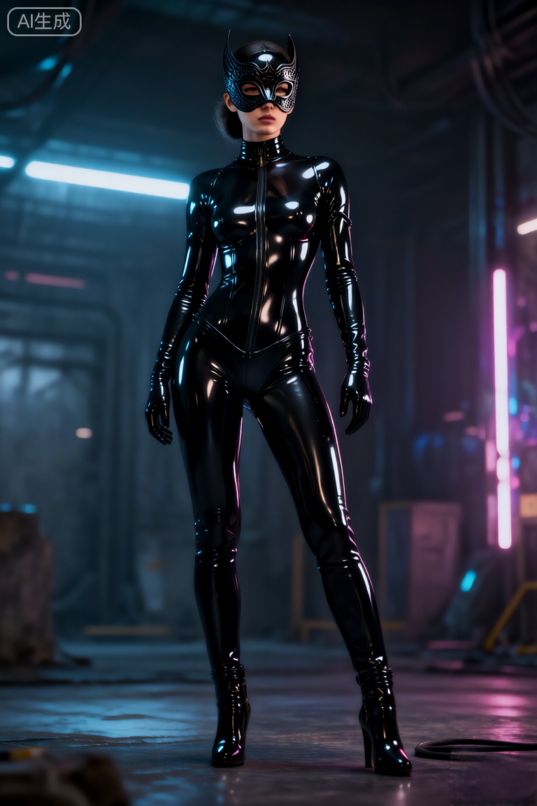一张从前置摄像机角度拍摄的高度逼真照片,描绘了一位女性角色,置身于未来感十足的环境中,穿着带有复杂设计的黑色乳胶紧身衣,站在昏暗的环境中,周围有霓虹灯光。画面中显示这位女性似乎二十多岁,站在画面中央,全身可见,身材纤细,穿着紧身闪亮的黑色紧身衣,突显曲线,同时戴着一副遮住眼睛的黑色面罩。她的发型是盘起的,脚穿黑色高跟靴,为整体造型增添了一丝优雅感。她的面部表情中性,目光直视观众,双手叉腰,散发出自信与力量感。背景为昏暗的工业场景,蓝色光线闪烁,增强了图像的未来感。