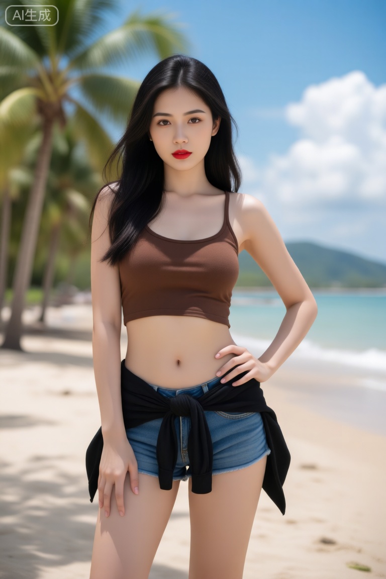 a photo-realistic shoot from a front camera angle about a young woman posing confidently on a tropical beach with palm trees in the background, the image also shows a clear blue sky with fluffy white clouds and distant mountains in the distance, on the middle of the image, a 20-year-old woman with light skin and long black hair, who appears to be in her early twenties, is standing with one hand on her hip and the other resting on her thigh, looking directly at the viewer with a neutral expression, she has a slim body and is wearing a brown **** top and blue denim shorts, with a black belt around her waist, her hair is styled in a long hair style, and she has brown eyes that are looking straight into the camera, her facial expression is neutral, and her lips are painted with red lipstick, she is wearing no shoes, no accessory, and no pants,
