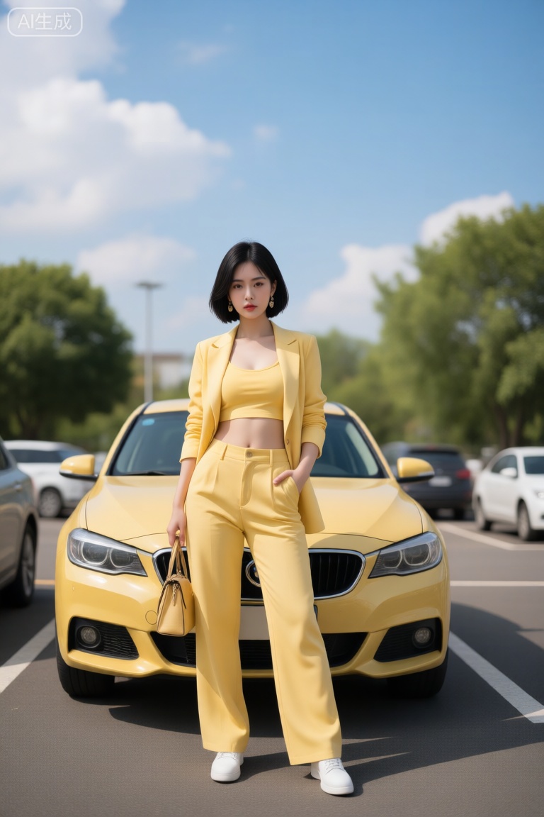 a photo-realistic shoot from a front camera angle about a woman in a yellow suit standing in front of a yellow sports car in a parking lot, the image also shows a bright blue sky with some clouds and trees in the background, on the middle of the image, a young woman appears to be in her early twenties, standing confidently with her hands in her pockets, wearing a yellow two-piece suit consisting of a cropped top, wide-legged pants, and white shoes, she has short black hair styled in a bob cut, and is looking directly at the camera with a serious expression, her body is slim, and she is wearing earrings and a handbag,
