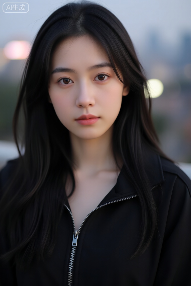 a photo-realistic portrait shoot from a close-up camera angle about a young woman with long black hair, looking directly at the camera with a neutral expression, the woman, who appears to be in her late teens or early twenties, has fair skin, large brown eyes, and a slender physique, she is wearing a black jacket with a zipper down the front, and her hair is styled in loose waves, the lighting is soft and natural, highlighting her features and creating a serene atmosphere, the background is blurred, with blurred city lights in the distance, creating a sense of depth and dimension, the overall mood of the image is calm and contemplative, with a focus on the womans face and expression,
