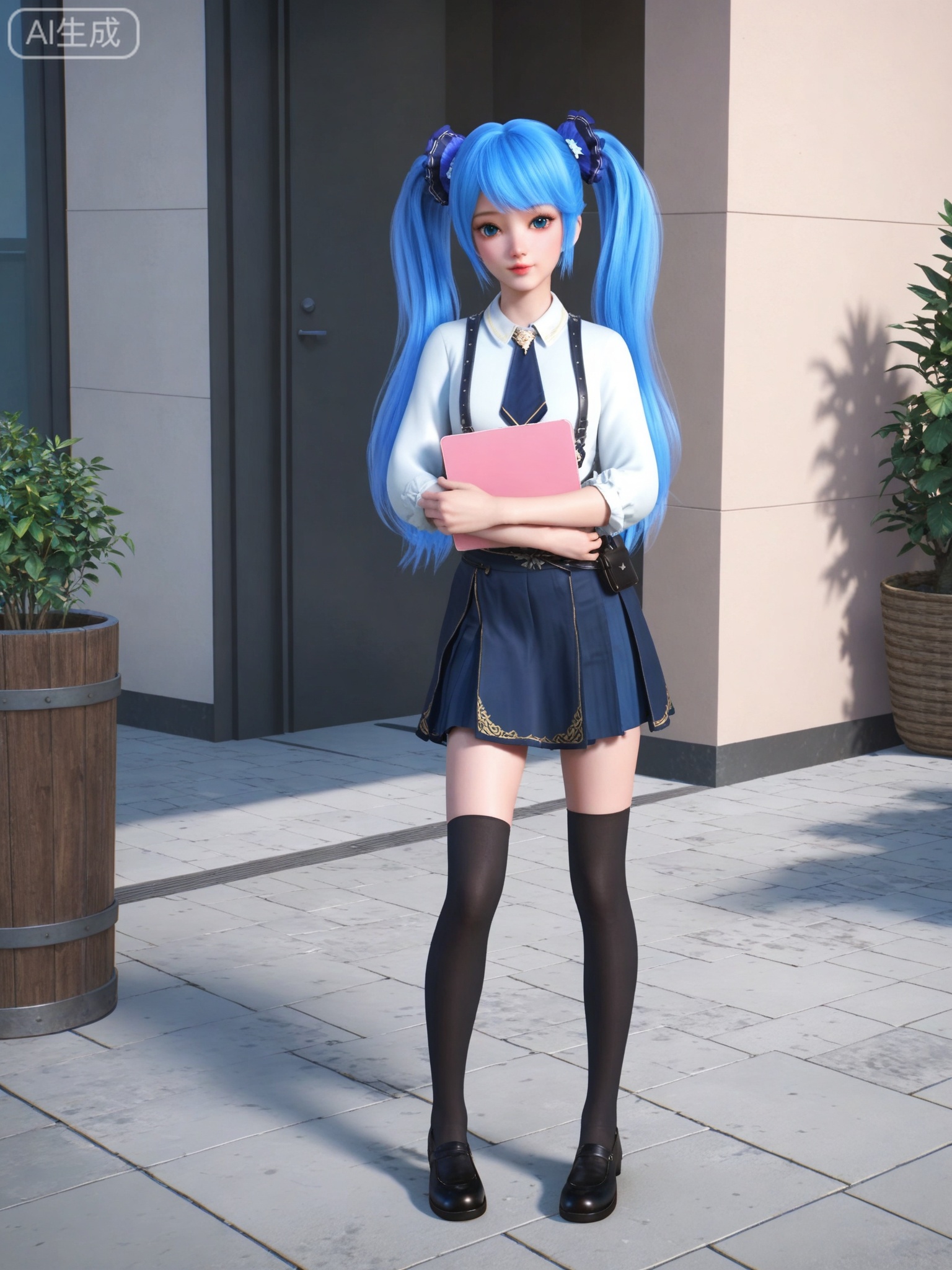 score_9,score_8_up,score_7_up,1girl,solo,looking_at_viewer,realistic,photorealistic,(full body:0.5),blue eyes,blue hair,pleated skirt,white shirt,twintails,black thighhighs,black footwear,