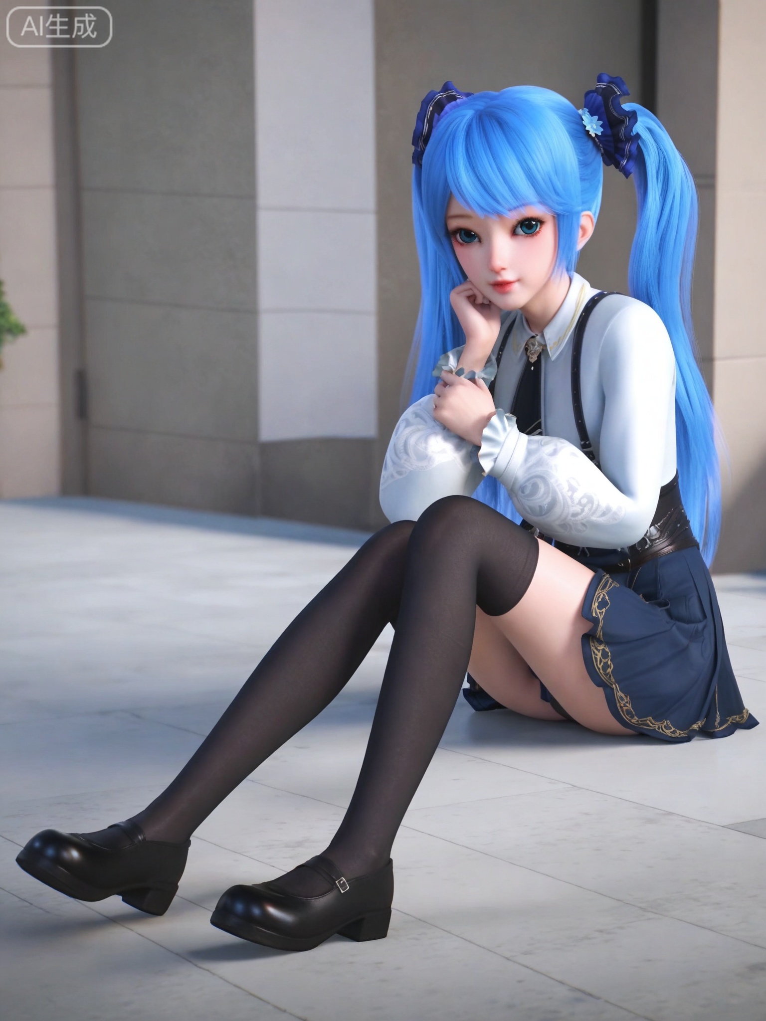 score_9,score_8_up,score_7_up,1girl,solo,looking_at_viewer,realistic,photorealistic,(full body:0.5),blue eyes,blue hair,pleated skirt,white shirt,twintails,black thighhighs,black footwear,