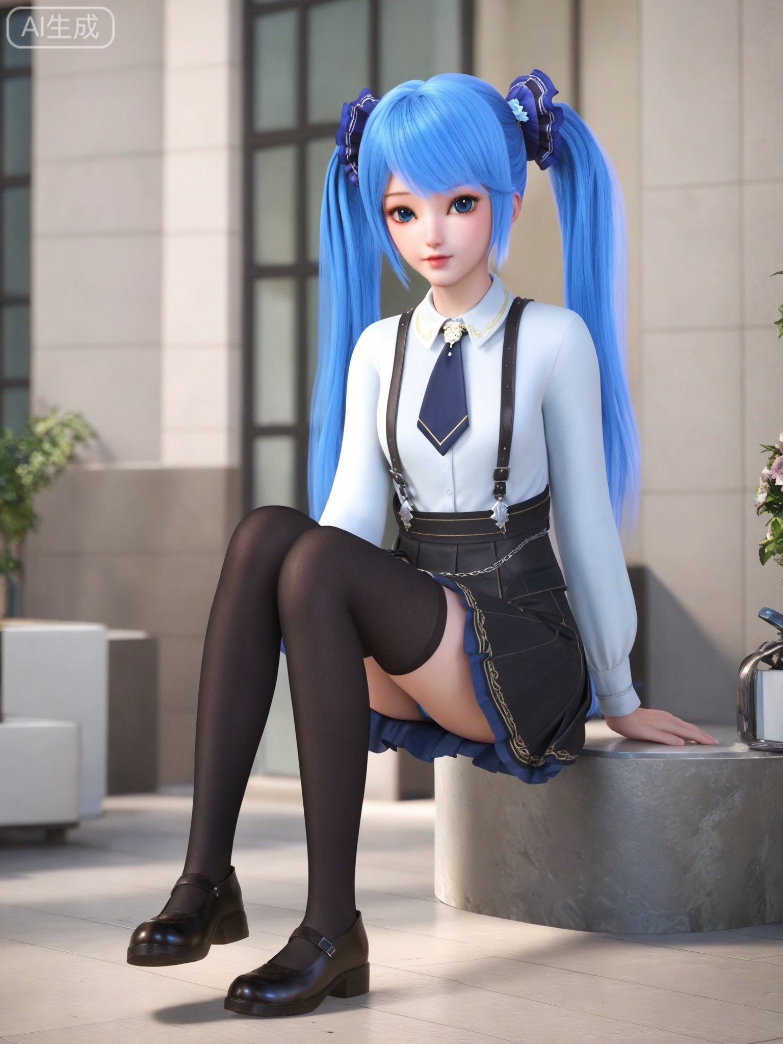 score_9,score_8_up,score_7_up,1girl,solo,looking_at_viewer,realistic,photorealistic,(full body:0.5),blue eyes,blue hair,pleated skirt,white shirt,twintails,black thighhighs,black footwear,