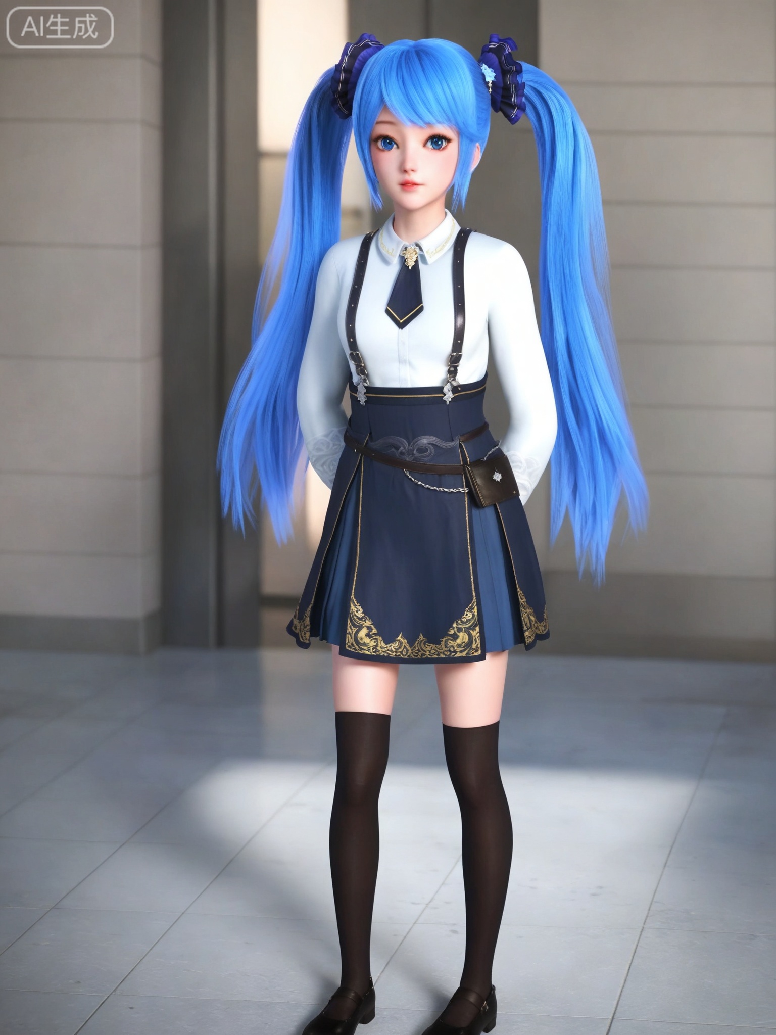 score_9,score_8_up,score_7_up,1girl,solo,looking_at_viewer,realistic,photorealistic,(full body:0.5),blue eyes,blue hair,pleated skirt,white shirt,twintails,black thighhighs,black footwear,