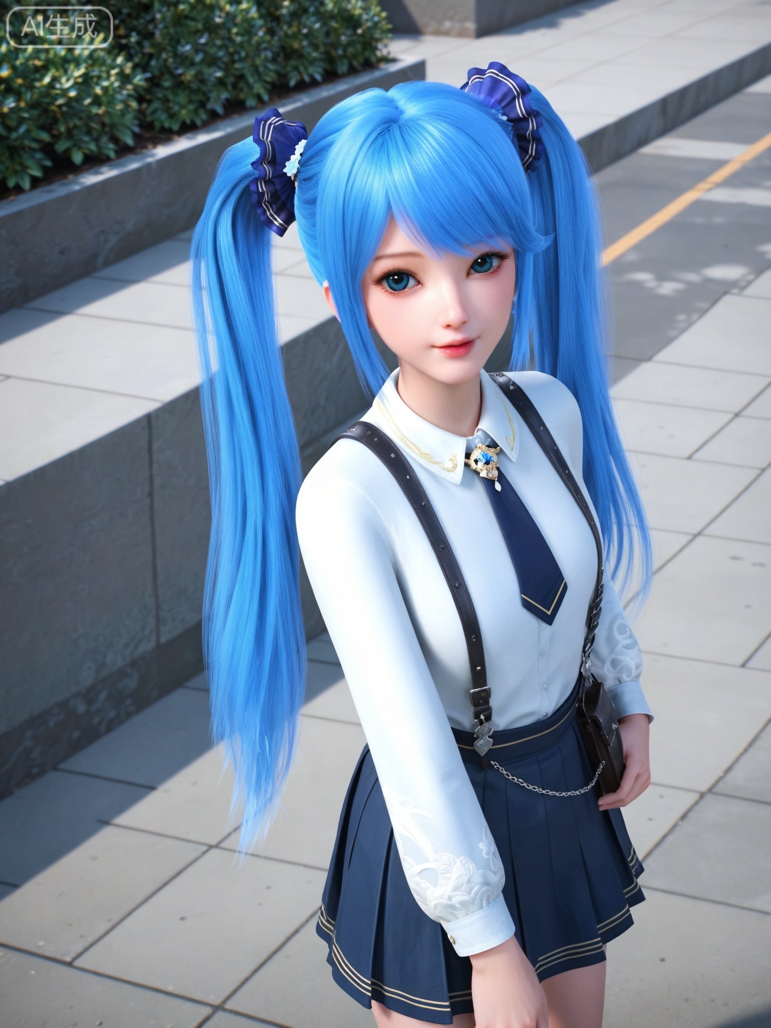 score_9,score_8_up,score_7_up,1girl,solo,looking_at_viewer,realistic,photorealistic,(full body:0.5),blue eyes,blue hair,pleated skirt,white shirt,twintails,