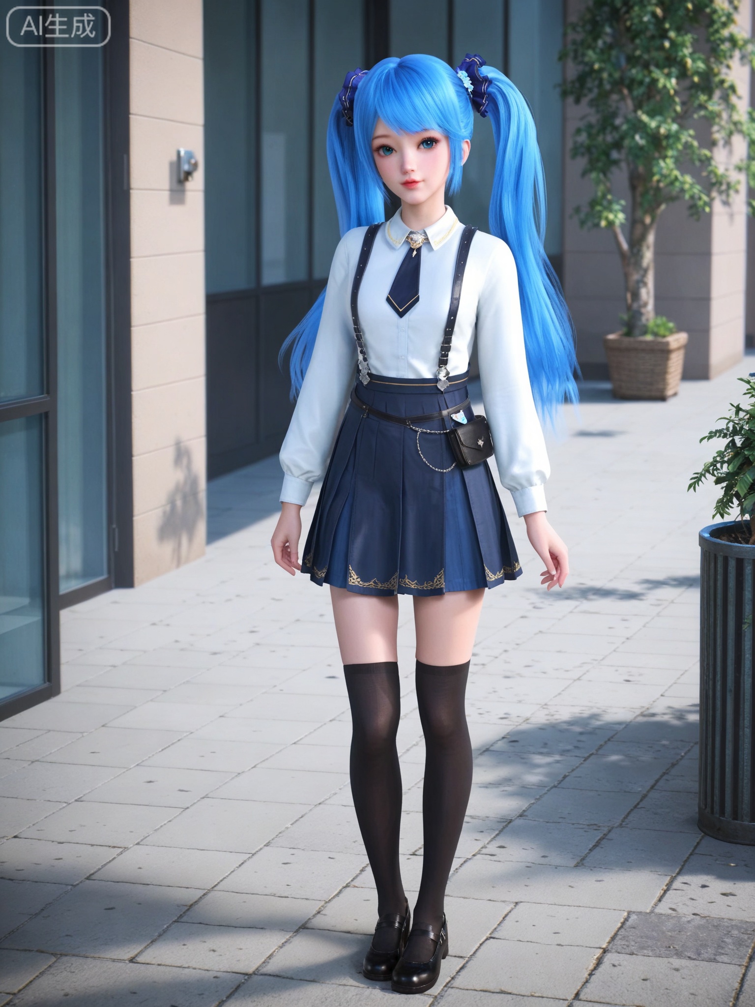score_9,score_8_up,score_7_up,1girl,solo,looking_at_viewer,realistic,photorealistic,(full body:0.5),blue eyes,blue hair,pleated skirt,white shirt,twintails,black thighhighs,black footwear,