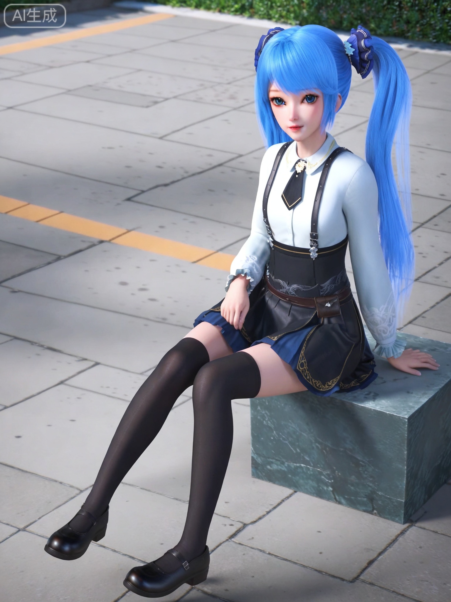 score_9,score_8_up,score_7_up,1girl,solo,looking_at_viewer,realistic,photorealistic,(full body:0.5),blue eyes,blue hair,pleated skirt,white shirt,twintails,black thighhighs,black footwear,
