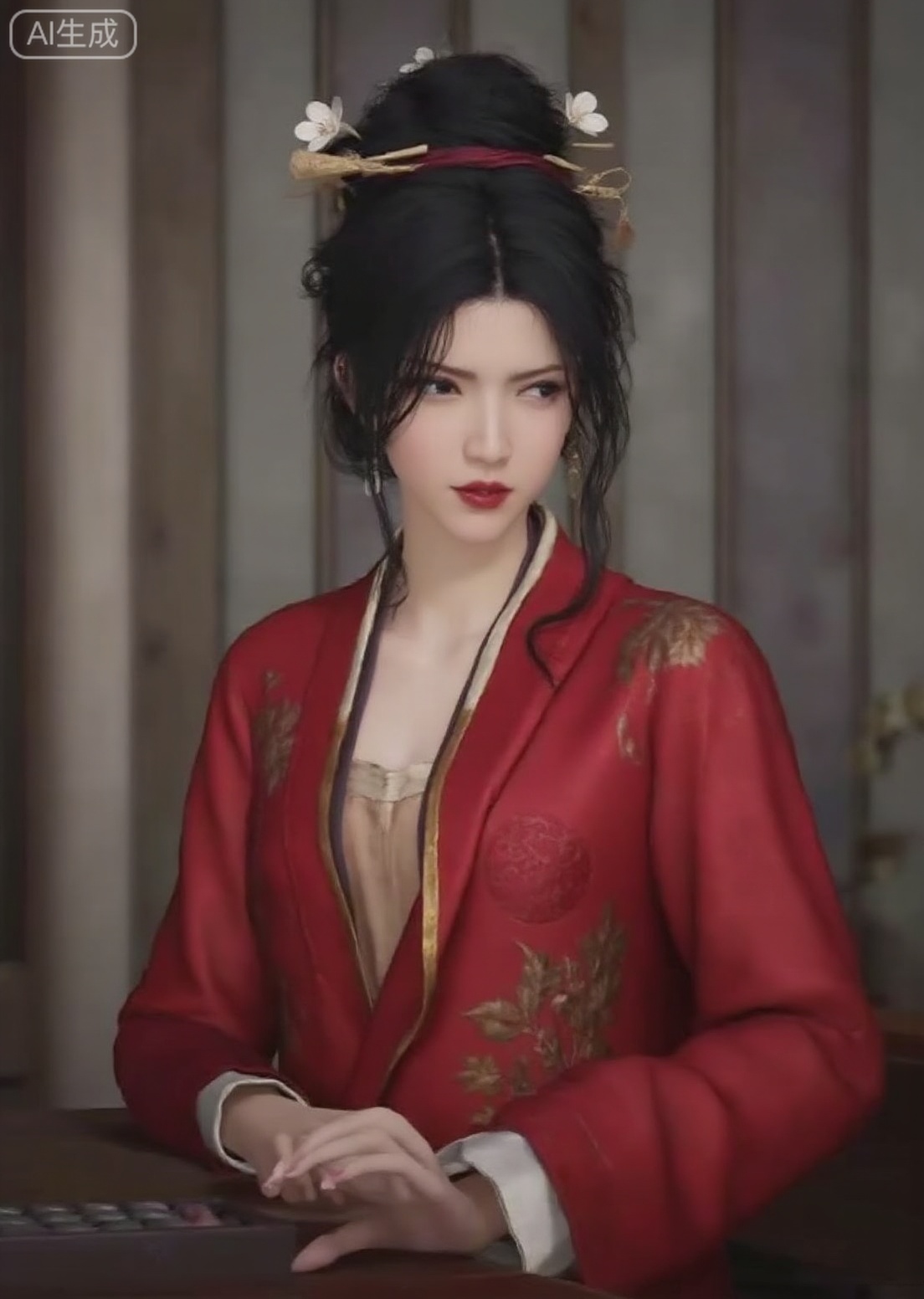 masterpiece, best quality, hyper-realistic photo, 8k, UHD, surreal,realistic_photo,hdr,hyper_detailed, hanxiangxun, Chinese woman, eye-level shot, standing, wearing red kimono with gold trim, white floral hairpiece, black hair up in a bun, pale skin, red lipstick.