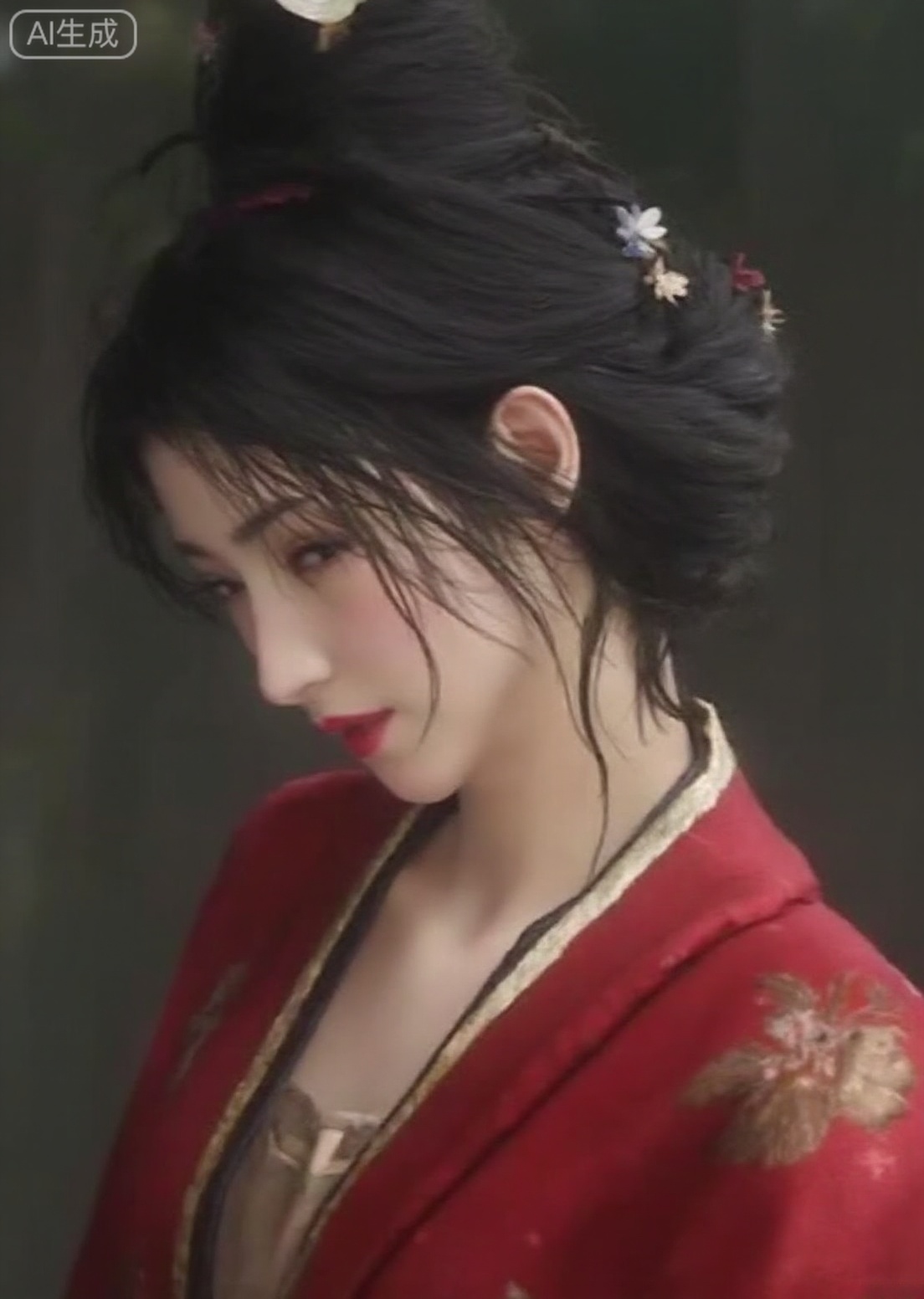 masterpiece, best quality, hyper-realistic photo, 8k, UHD, surreal,realistic_photo,hdr,hyper_detailed, hanxiangxun, Chinese woman, eye-level shot, standing, wearing red kimono with gold trim, white floral hairpiece, black hair up in a bun, pale skin, red lipstick.