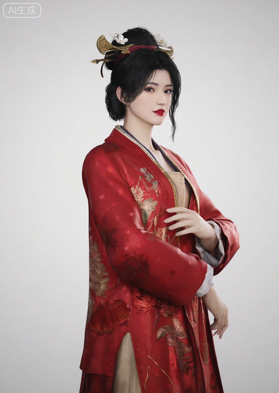 masterpiece, best quality, hyper-realistic photo, 8k, UHD, surreal,realistic_photo,hdr,hyper_detailed, hanxiangxun, Chinese woman, eye-level shot, standing, wearing red kimono with gold trim, white floral hairpiece, black hair up in a bun, pale skin, red lipstick.