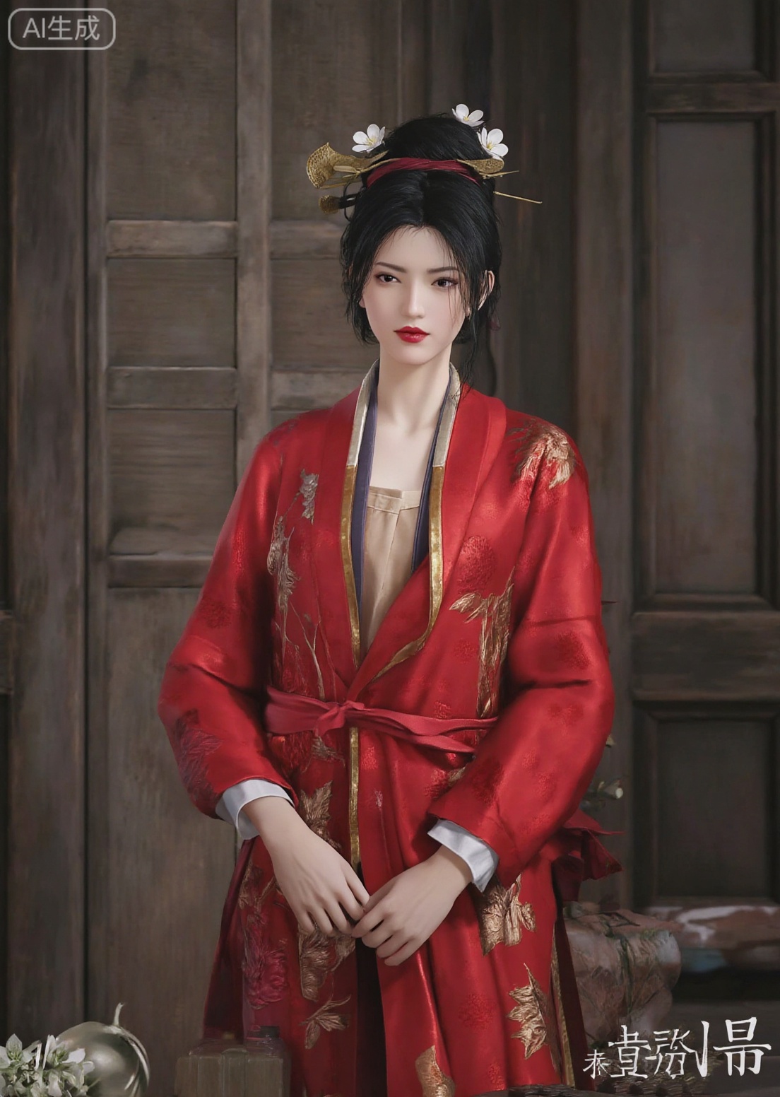 masterpiece, best quality, hyper-realistic photo, 8k, UHD, surreal,realistic_photo,hdr,hyper_detailed, hanxiangxun, Chinese woman, eye-level shot, standing, wearing red kimono with gold trim, white floral hairpiece, black hair up in a bun, pale skin, red lipstick.
