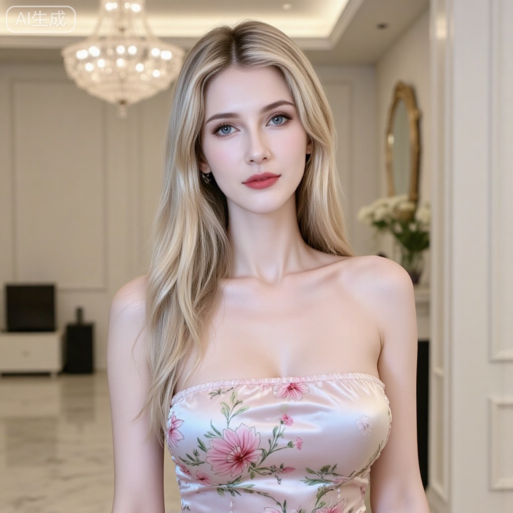 blonde hair,blue eyes,long hair,fair_skin,jewelry,earrings,
1girl,solo,breasts,indoors,dress,floral print,chandelier,cleavage,strapless,standing,,
oumei,fuzhuang,
blurry_background,lvjing,pifu