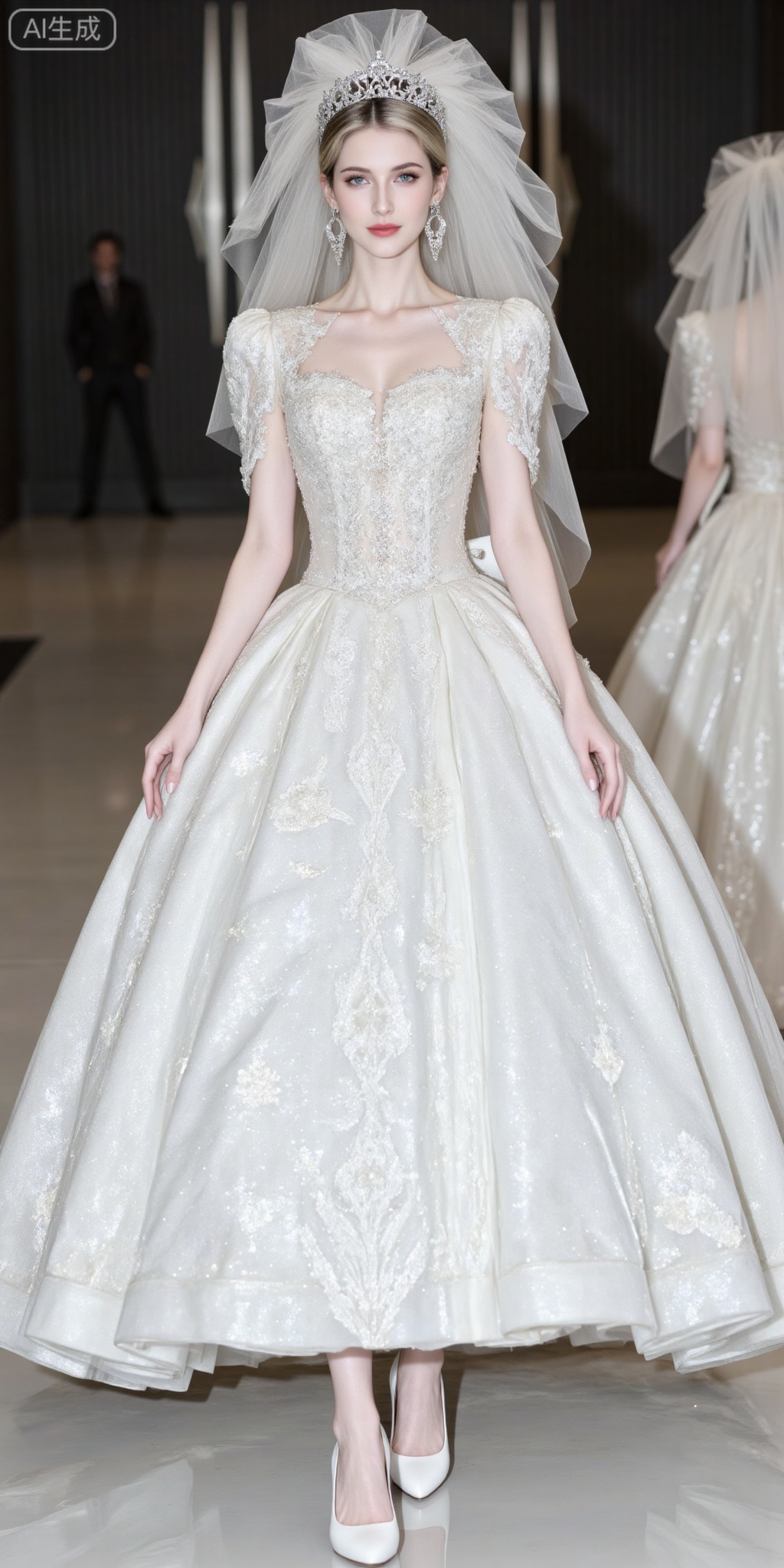 blonde hair,blue eyes,long hair,fair_skin,jewelry,earrings,
1girl,dress,solo,white dress,veil,white footwear,tiara,on back,full body,puffy sleeves,wedding dress,jewelry,lying,earrings,breasts,white pantyhose,pantyhose,short sleeves,bridal veil,
oumei,fuzhuang,
blurry_background,lvjing,pifu