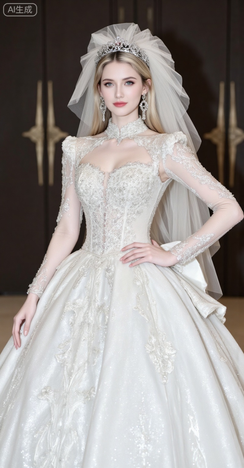 blonde hair,blue eyes,long hair,fair_skin,jewelry,earrings,
dress,1girl,veil,solo,jewelry,earrings,wedding dress,white dress,tiara,bridal veil,long sleeves,faceless,long dress,hand on own hip,standing,indoor,,
oumei,fuzhuang,
blurry_background,lvjing,pifu