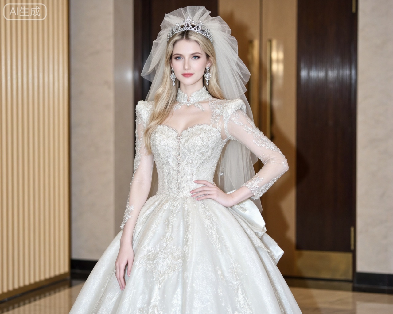 blonde hair,blue eyes,long hair,fair_skin,jewelry,earrings,
dress,1girl,veil,solo,jewelry,earrings,wedding dress,white dress,tiara,bridal veil,long sleeves,faceless,long dress,hand on own hip,standing,indoor,,
oumei,fuzhuang,
blurry_background,lvjing,pifu