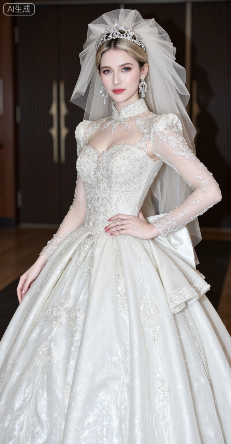 blonde hair,blue eyes,long hair,fair_skin,jewelry,earrings,
dress,1girl,veil,solo,jewelry,earrings,wedding dress,white dress,tiara,bridal veil,long sleeves,faceless,long dress,hand on own hip,standing,indoor,,
oumei,fuzhuang,
blurry_background,lvjing,pifu