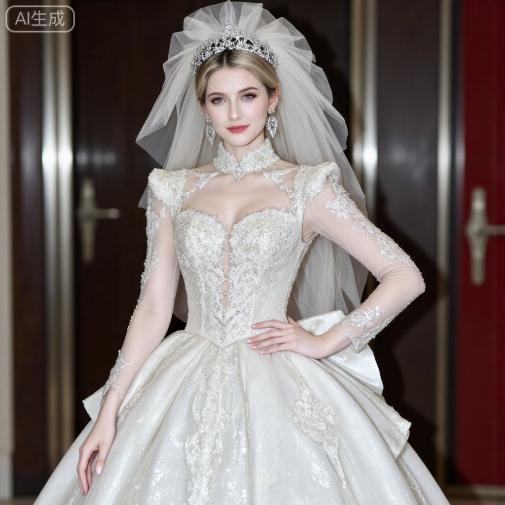 blonde hair,blue eyes,long hair,fair_skin,jewelry,earrings,
dress,1girl,veil,solo,jewelry,earrings,wedding dress,white dress,tiara,bridal veil,long sleeves,faceless,long dress,hand on own hip,standing,indoor,,
oumei,fuzhuang,
blurry_background,lvjing,pifu