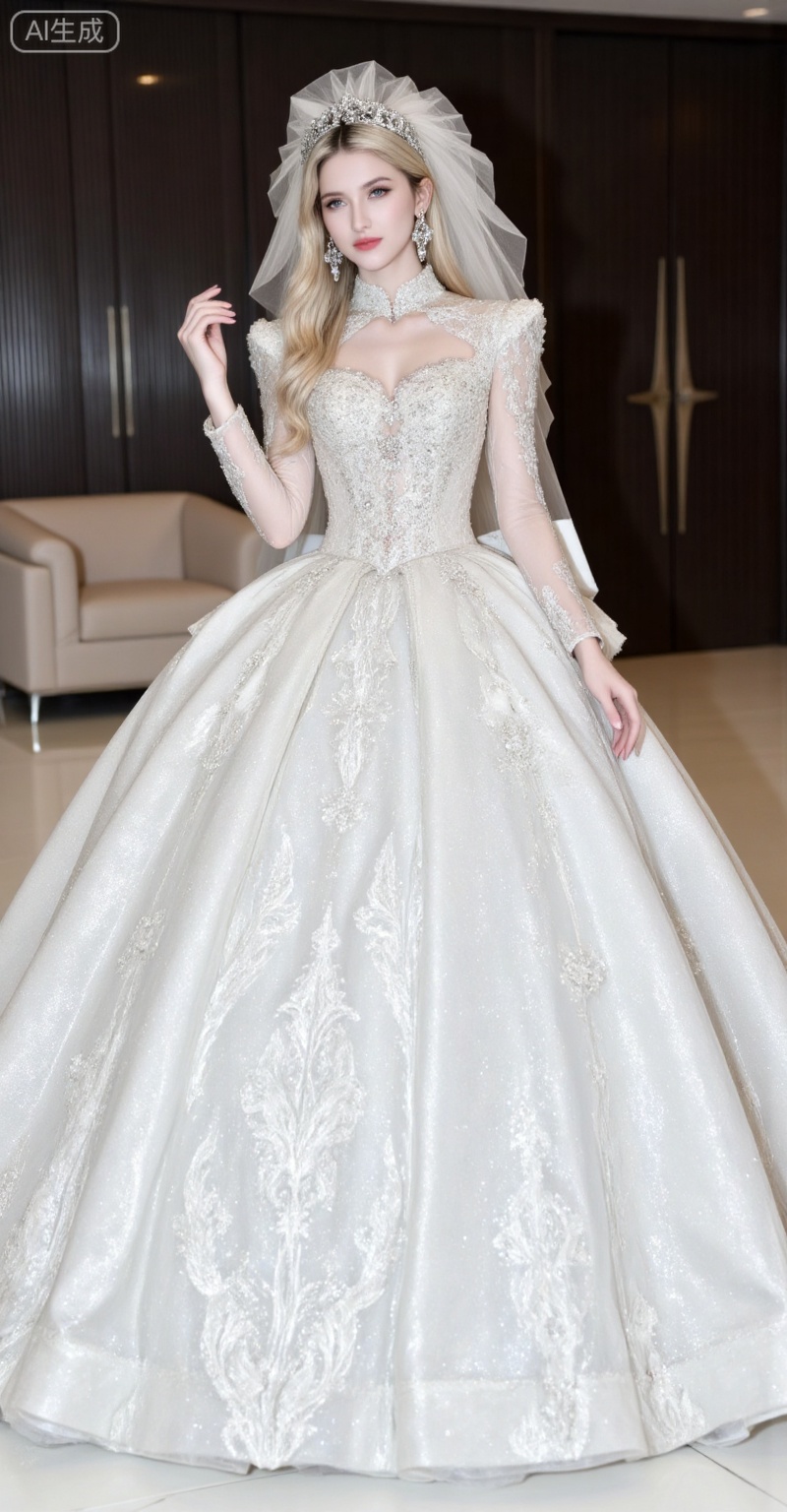 blonde hair,blue eyes,long hair,fair_skin,jewelry,earrings,
dress,1girl,solo,veil,white dress,wedding dress,long sleeves,jewelry,long dress,bridal veil,earrings,standing,hand up,indoor,
oumei,fuzhuang,
blurry_background,lvjing,pifu