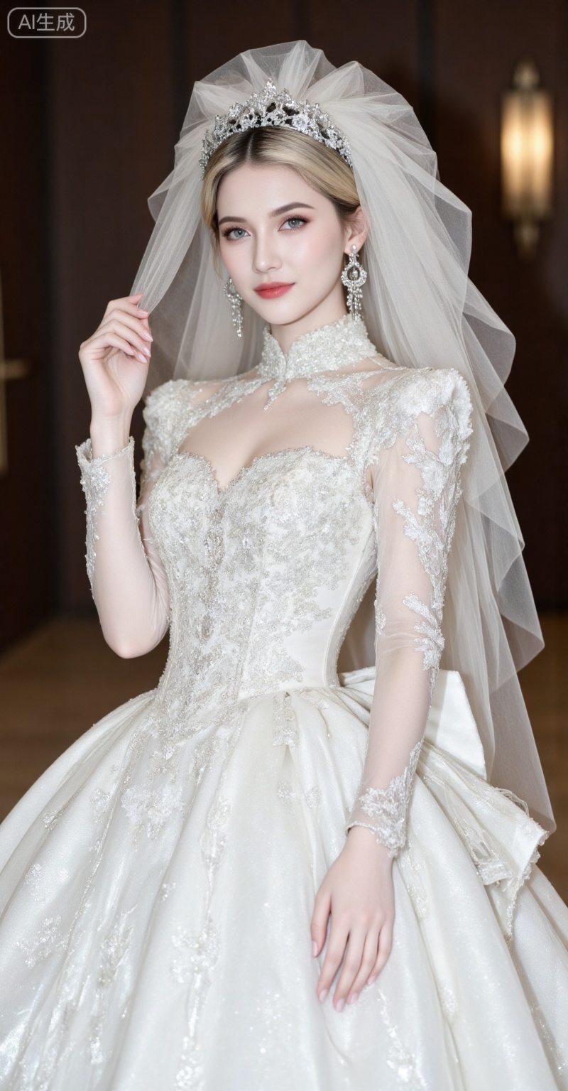 blonde hair,blue eyes,long hair,fair_skin,jewelry,earrings,
dress,1girl,solo,veil,white dress,wedding dress,long sleeves,jewelry,long dress,bridal veil,earrings,standing,hand up,indoor,
oumei,fuzhuang,
blurry_background,lvjing,pifu