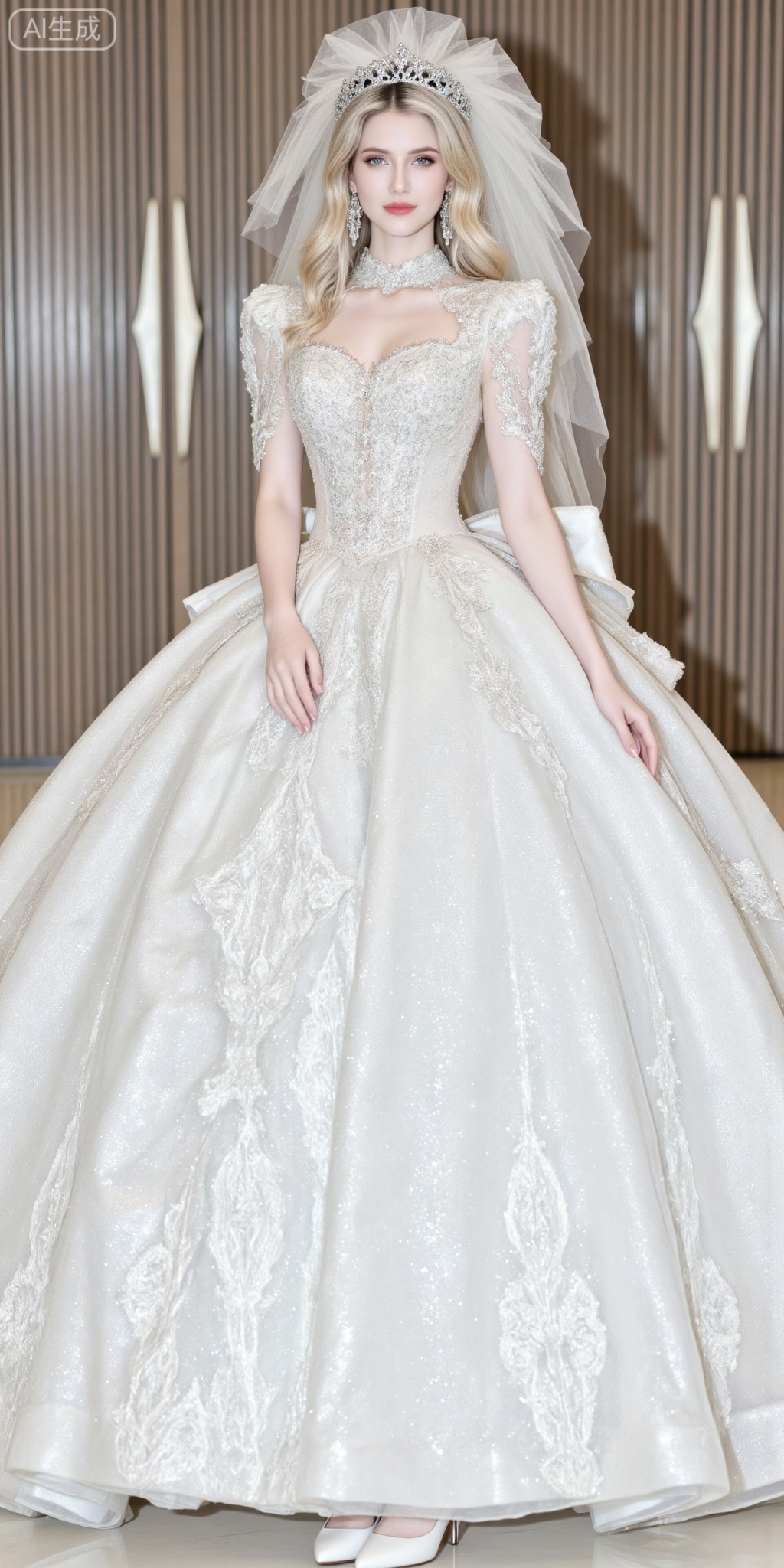 blonde hair,blue eyes,long hair,fair_skin,jewelry,earrings,
1girl,dress,solo,white dress,veil,white footwear,tiara,on back,full body,puffy sleeves,wedding dress,jewelry,lying,earrings,breasts,white pantyhose,pantyhose,short sleeves,bridal veil,
oumei,fuzhuang,
blurry_background,lvjing,pifu