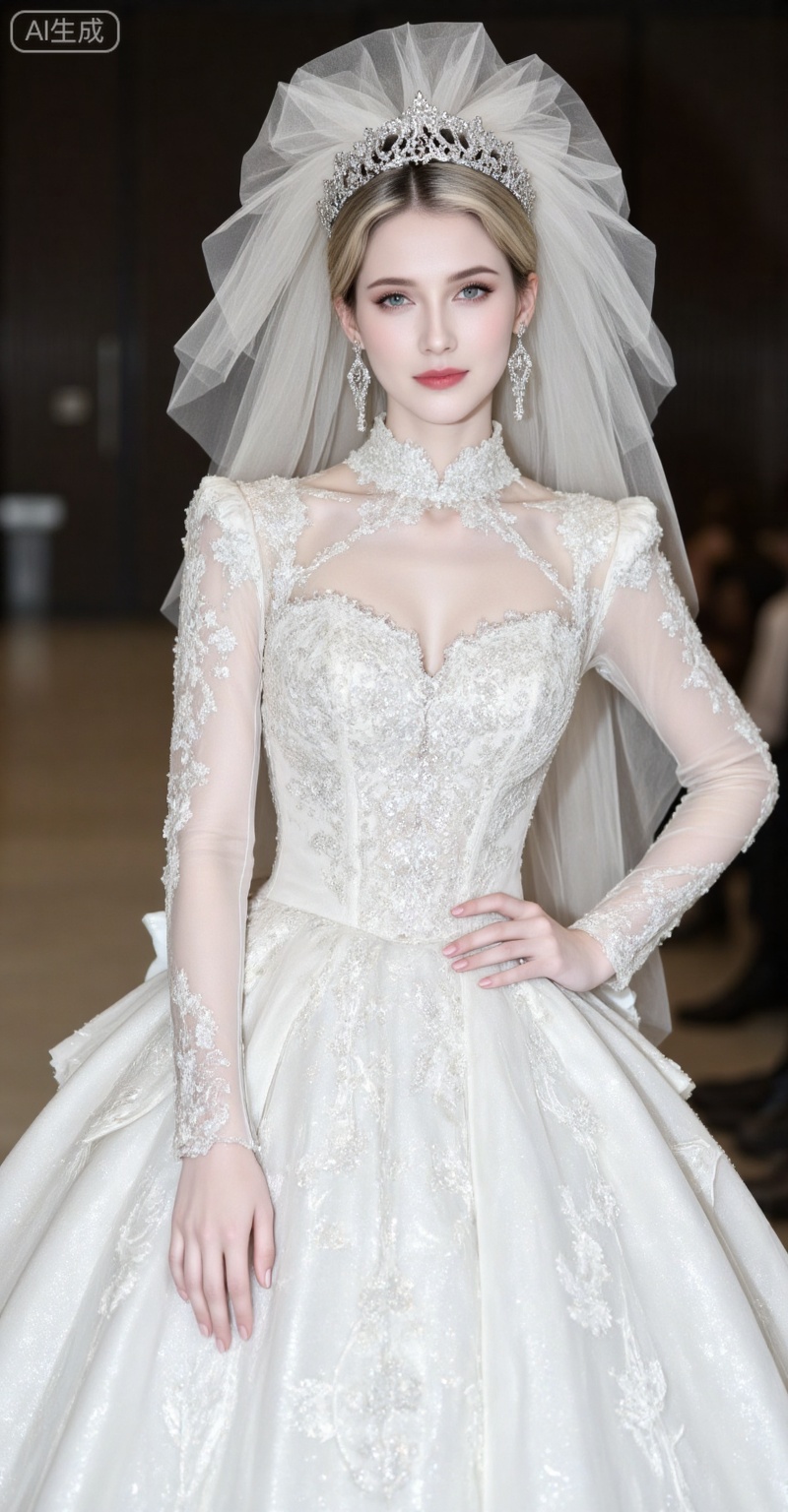 blonde hair,blue eyes,long hair,fair_skin,jewelry,earrings,
dress,1girl,veil,solo,jewelry,earrings,wedding dress,white dress,tiara,bridal veil,long sleeves,faceless,long dress,hand on own hip,standing,indoor,,
oumei,fuzhuang,
blurry_background,lvjing,pifu