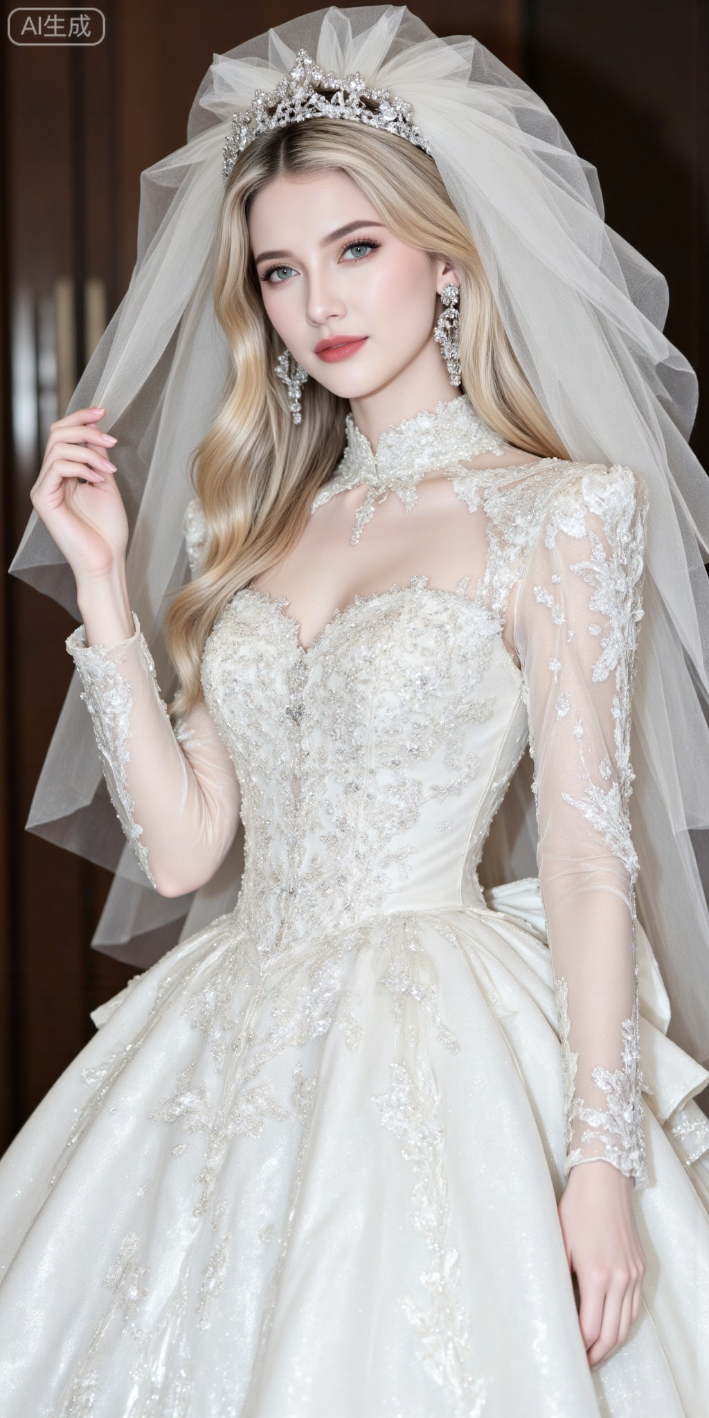 blonde hair,blue eyes,long hair,fair_skin,jewelry,earrings,
dress,1girl,solo,veil,white dress,wedding dress,long sleeves,jewelry,long dress,bridal veil,earrings,standing,hand up,indoor,
oumei,fuzhuang,
blurry_background,lvjing,pifu