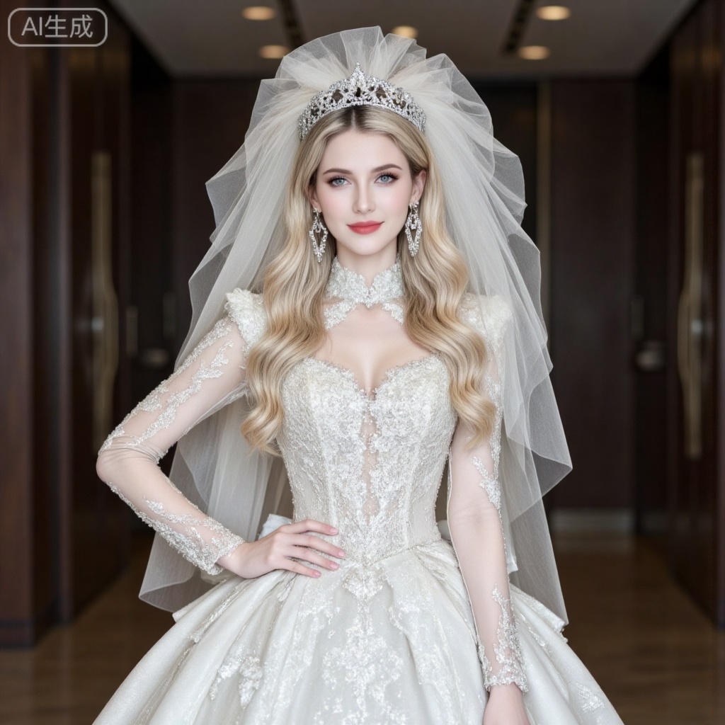 blonde hair,blue eyes,long hair,fair_skin,jewelry,earrings,
dress,1girl,veil,solo,jewelry,earrings,wedding dress,white dress,tiara,bridal veil,long sleeves,faceless,long dress,hand on own hip,standing,indoor,,
oumei,fuzhuang,
blurry_background,lvjing,pifu
