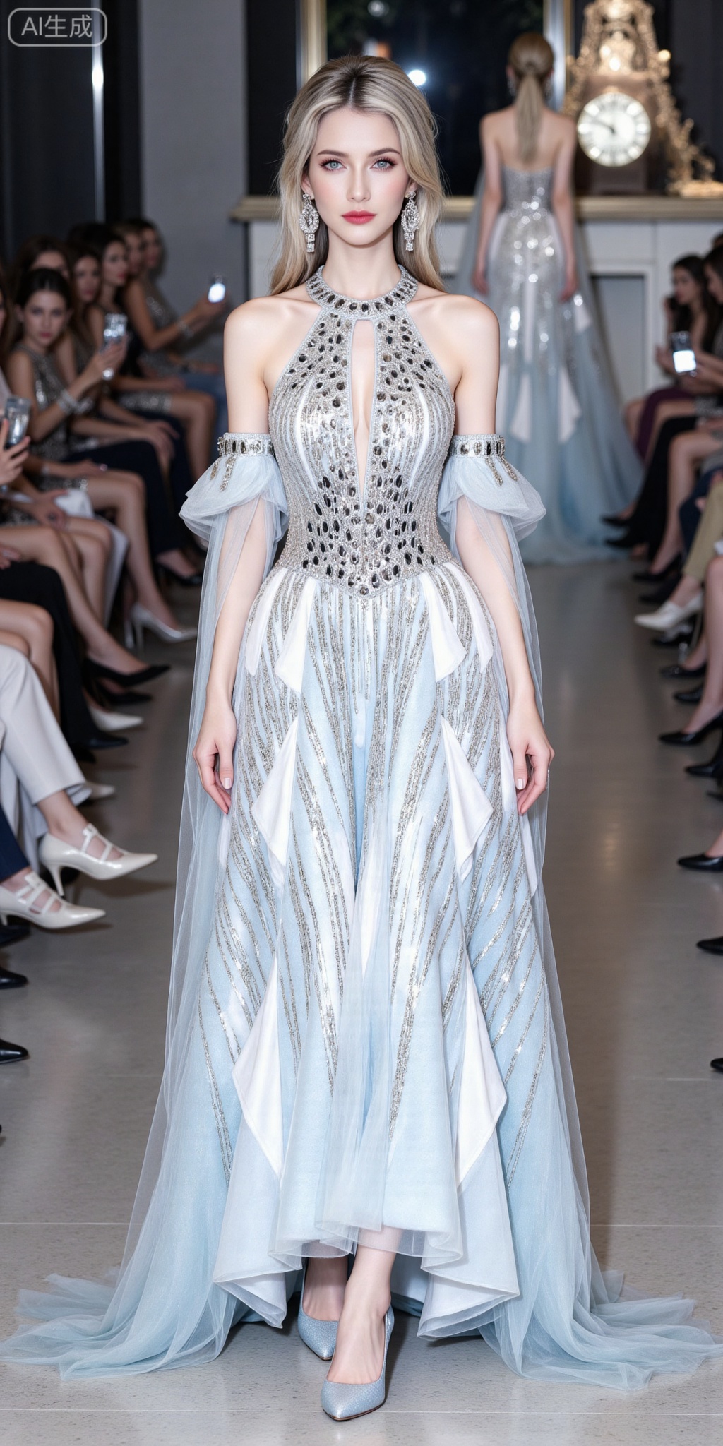 blonde hair,blue eyes,long hair,fair_skin,jewelry,earrings,
1girl,solo,dress,full body,high heels,jewelry,standing,white dress,earrings,bare shoulders,detached sleeves,nail polish,blue footwear,
oumei,fuzhuang,
blurry_background,lvjing,pifu