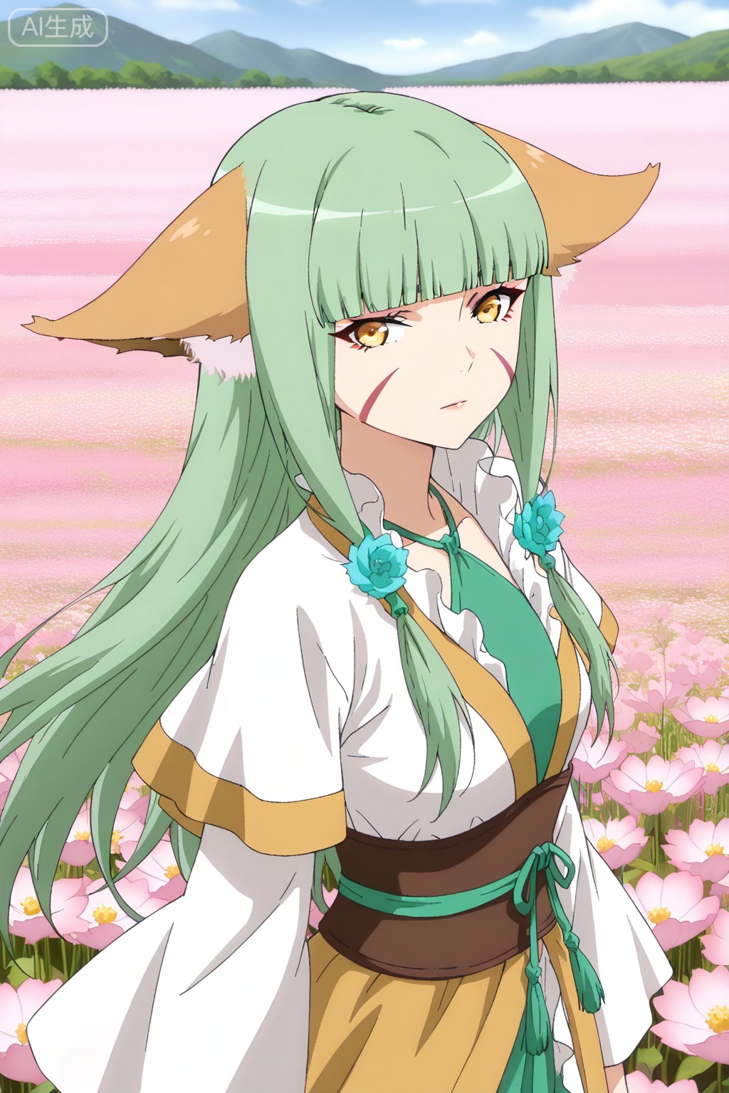 flower field,flower field,



upper body,looking at viewer,

涂山容容,masterpiece,best quality,official art,extremely detailed CG unity 8k wallpaper,1girl,solo,long hair, green hair, animal ears, fox ears, facial mark, blunt bangs,Wide sleeves,Dress,