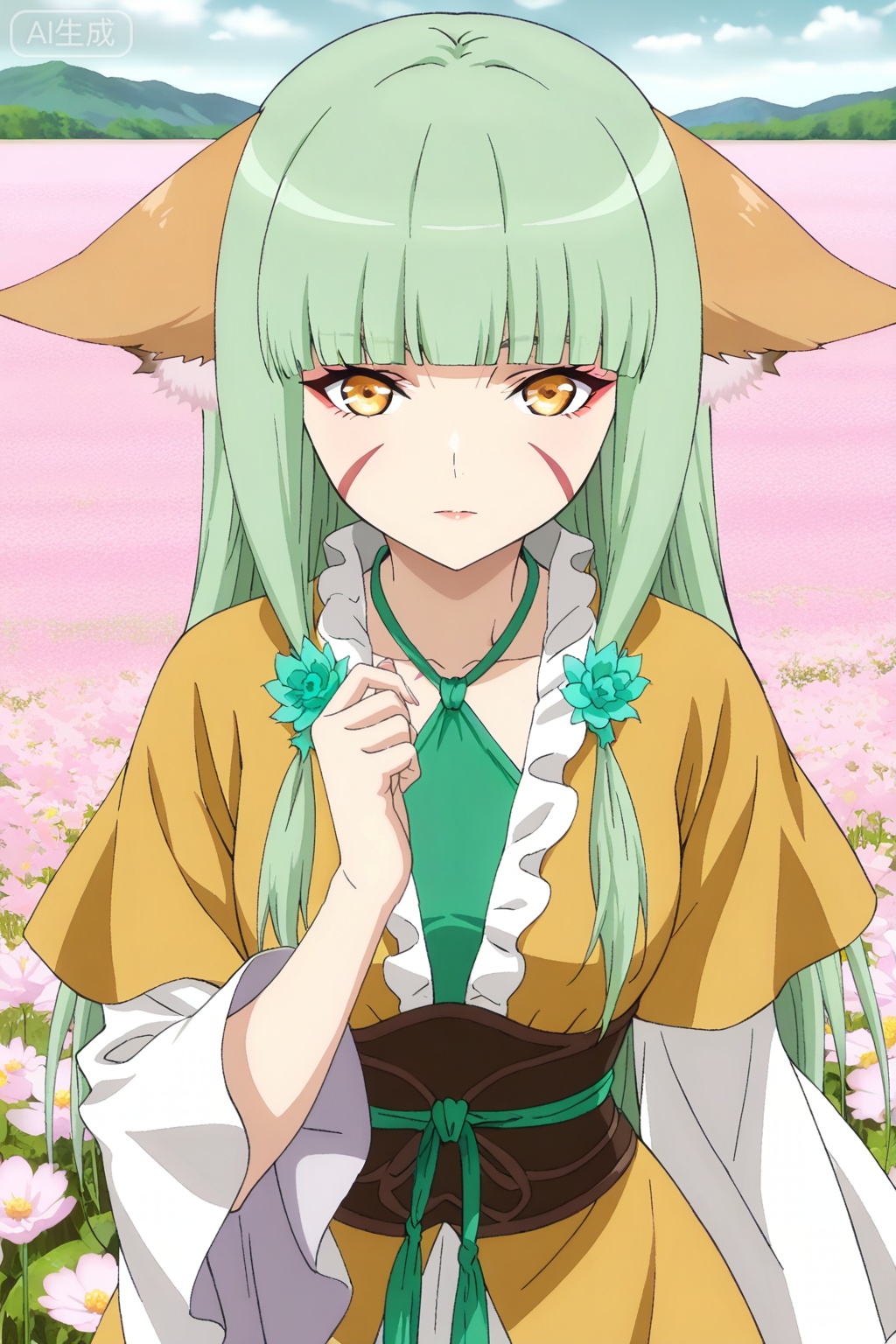 flower field,flower field,



upper body,looking at viewer,

涂山容容,masterpiece,best quality,official art,extremely detailed CG unity 8k wallpaper,1girl,solo,long hair, green hair, animal ears, fox ears, facial mark, blunt bangs,Wide sleeves,Dress,