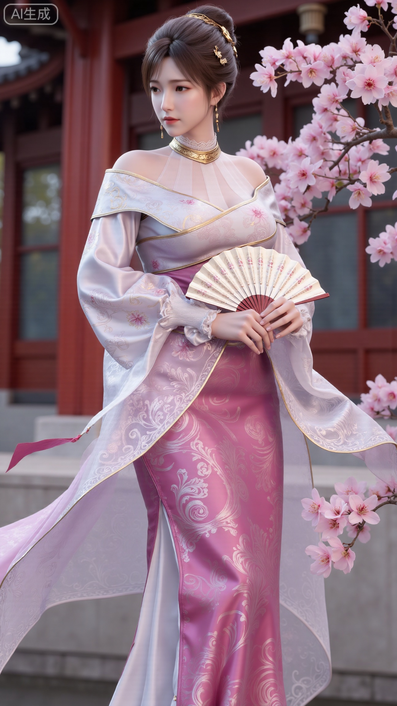 (masterpiece, best quality:1.23)A long - legged ancient - style courtesan girl, wearing a gorgeous and lightweight brocade ruqun. The hem of the skirt is embroidered with delicate peony patterns, with bright colors. She wears a semi - transparent gauze cape, fluttering in the wind. Her hair is combed into a complex bun, adorned with gold hairpins and pearl - jade headdresses, red ruby earrings on her ears, and a jade necklace around her neck. Holding a folding fan painted with orchids, standing in front of an antique pavilion, with a blooming peach tree behind her, showing a charming and amorous style,(huge breasts, full breasts:2.98), , 
,XbaifengsongyuYH,Xbigbreasts,,XmuplXY,XmupeilingXY2,XanmiaoyiXY,XchuxuanerXZ,XxuxinXZ,XchuxuanerXG