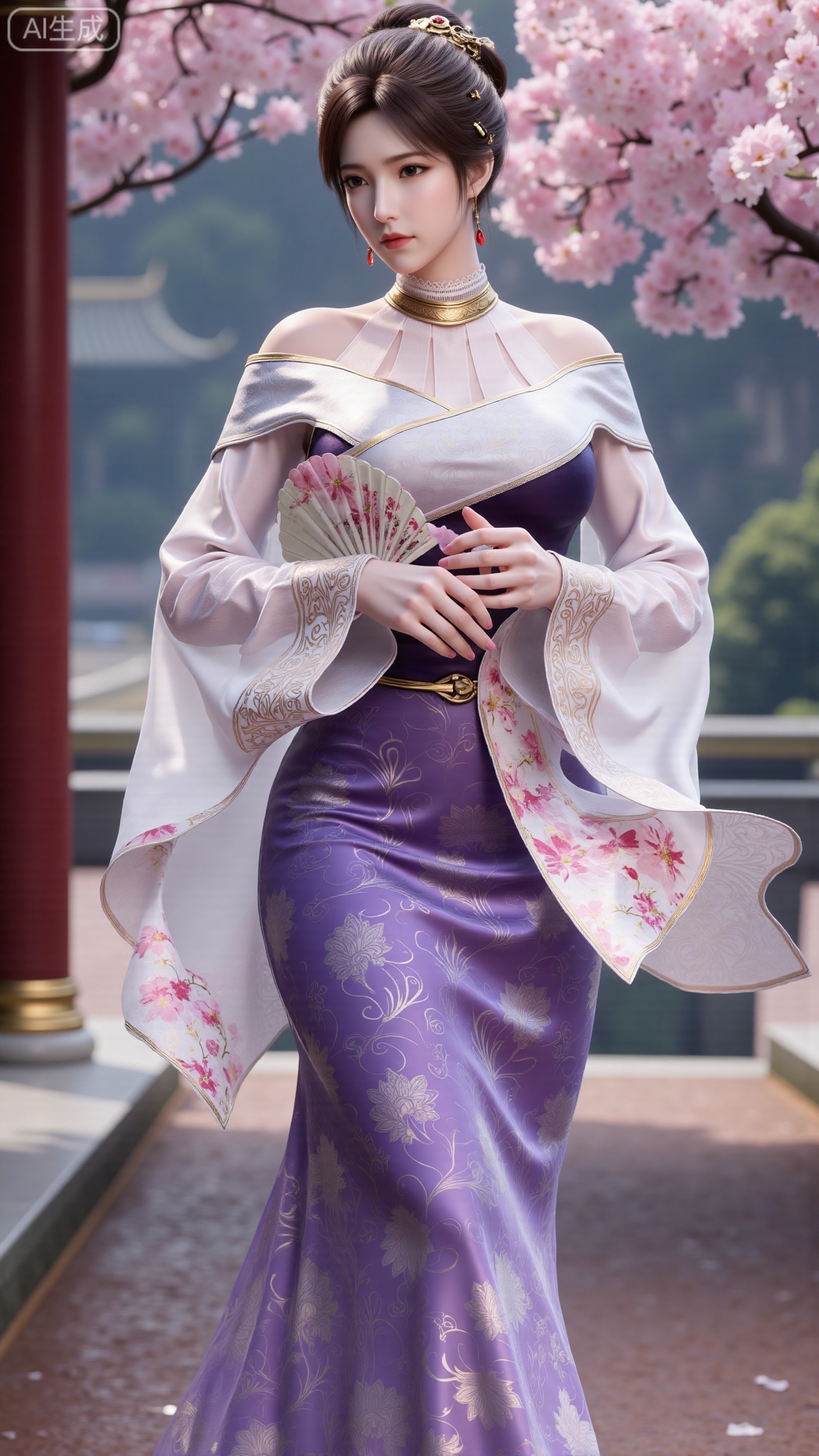 (masterpiece, best quality:1.23)A long - legged ancient - style courtesan girl, wearing a gorgeous and lightweight brocade ruqun. The hem of the skirt is embroidered with delicate peony patterns, with bright colors. She wears a semi - transparent gauze cape, fluttering in the wind. Her hair is combed into a complex bun, adorned with gold hairpins and pearl - jade headdresses, red ruby earrings on her ears, and a jade necklace around her neck. Holding a folding fan painted with orchids, standing in front of an antique pavilion, with a blooming peach tree behind her, showing a charming and amorous style,(huge breasts, full breasts:2.98), , 
,XbaifengsongyuYH,Xbigbreasts,,XmuplXY,XmupeilingXY2,XanmiaoyiXY,XchuxuanerXZ,XxuxinXZ,XchuxuanerXG