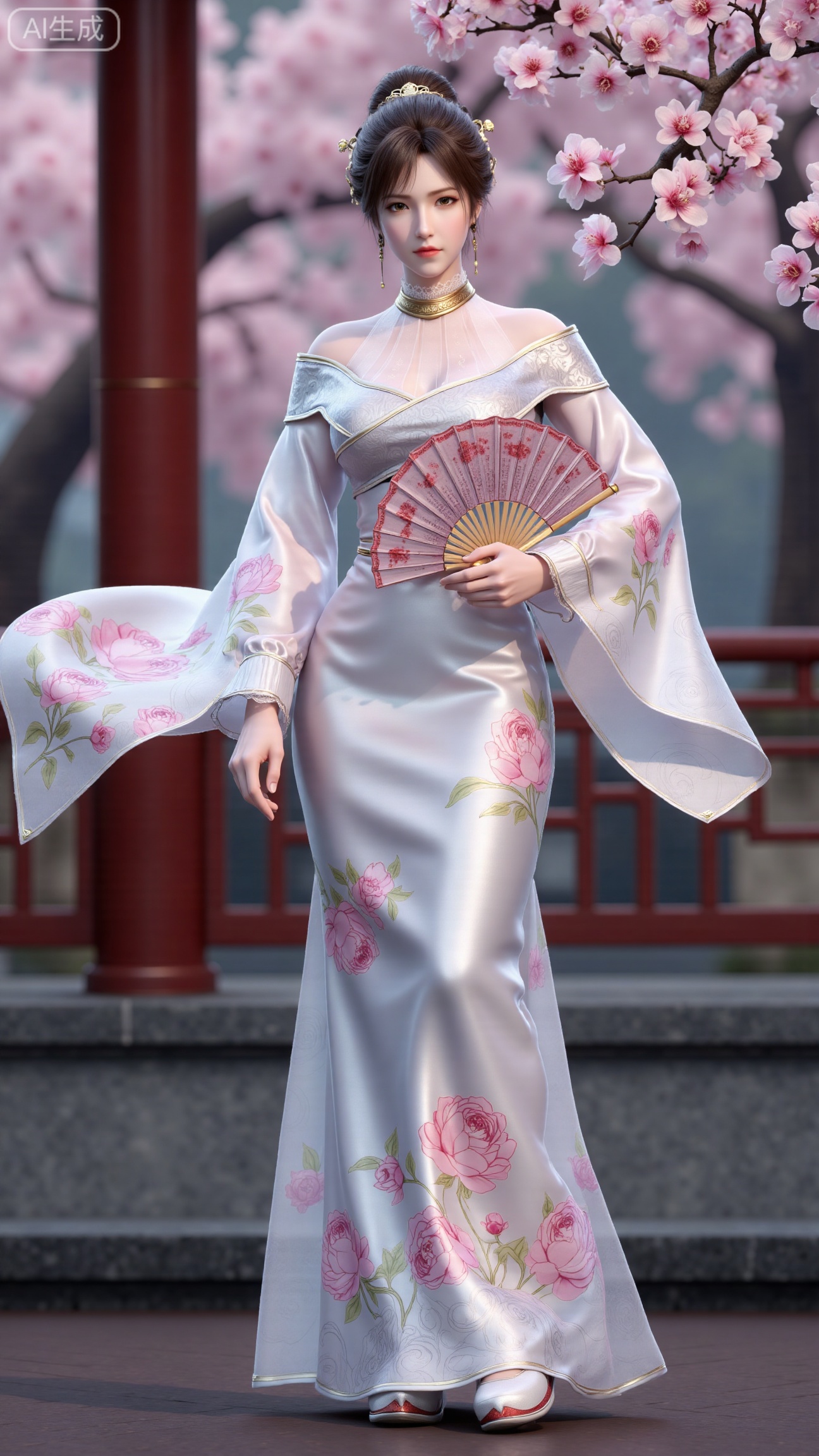 (masterpiece, best quality:1.23)A long - legged ancient - style courtesan girl, wearing a gorgeous and lightweight brocade ruqun. The hem of the skirt is embroidered with delicate peony patterns, with bright colors. She wears a semi - transparent gauze cape, fluttering in the wind. Her hair is combed into a complex bun, adorned with gold hairpins and pearl - jade headdresses, red ruby earrings on her ears, and a jade necklace around her neck. Holding a folding fan painted with orchids, standing in front of an antique pavilion, with a blooming peach tree behind her, showing a charming and amorous style,(huge breasts, full breasts:2.98), , 
,XbaifengsongyuYH,Xbigbreasts,,XmuplXY,XmupeilingXY2,XanmiaoyiXY,XchuxuanerXZ,XxuxinXZ,XchuxuanerXG