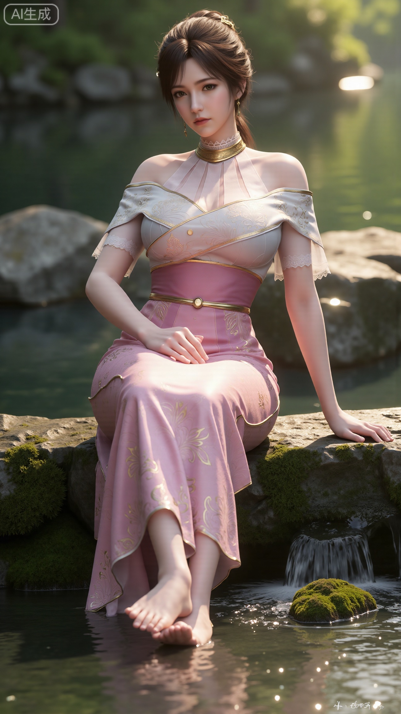 (masterpiece:1.3), ultra-detailed, 8k, photorealistic, best quality, cinematic lighting, volumetric sunlight, soft shadows, subsurface scattering, depth of field,  
A stunning young woman sits gracefully barefoot on a moss-covered rock beside a crystal-clear stream in a tranquil forest. The sunlight filters through the trees, casting dappled golden light on her smooth skin and the rippling water.  
She wears an exquisite long dress with fine pink and gold embroidery across the chest and short sleeves. Her long, dark hair flows naturally over her shoulders, softly illuminated by the warm light.  
Her bare feet touch the cool moss and shallow water, adding a sense of intimacy and realism. One hand rests gently on her hip, while the other holds a blooming lotus flower, her expression calm and serene.  
Mist rises gently from the water, with reflections dancing on the surface, creating a peaceful, ethereal atmosphere.  
(background with mossy stones, flowing stream, forest sunlight, soft haze, and gentle reflections:1.6), (realistic skin texture:1.3), (natural color tones:1.3), (film look:1.2)
(huge breasts:2.99),(full breasts:2.99),,
,XbaifengsongyuYH,Xbigbreasts,,XtianqiongYH,XhanyunzhiXYH,XanmyXY,XmupeilingX,XmupeilingX2,Xchangtui,XmuplXY,XmupeilingXY2,XanmiaoyiXY,XchuxuanerXZ,XxuxinXZ,XchuxuanerXG