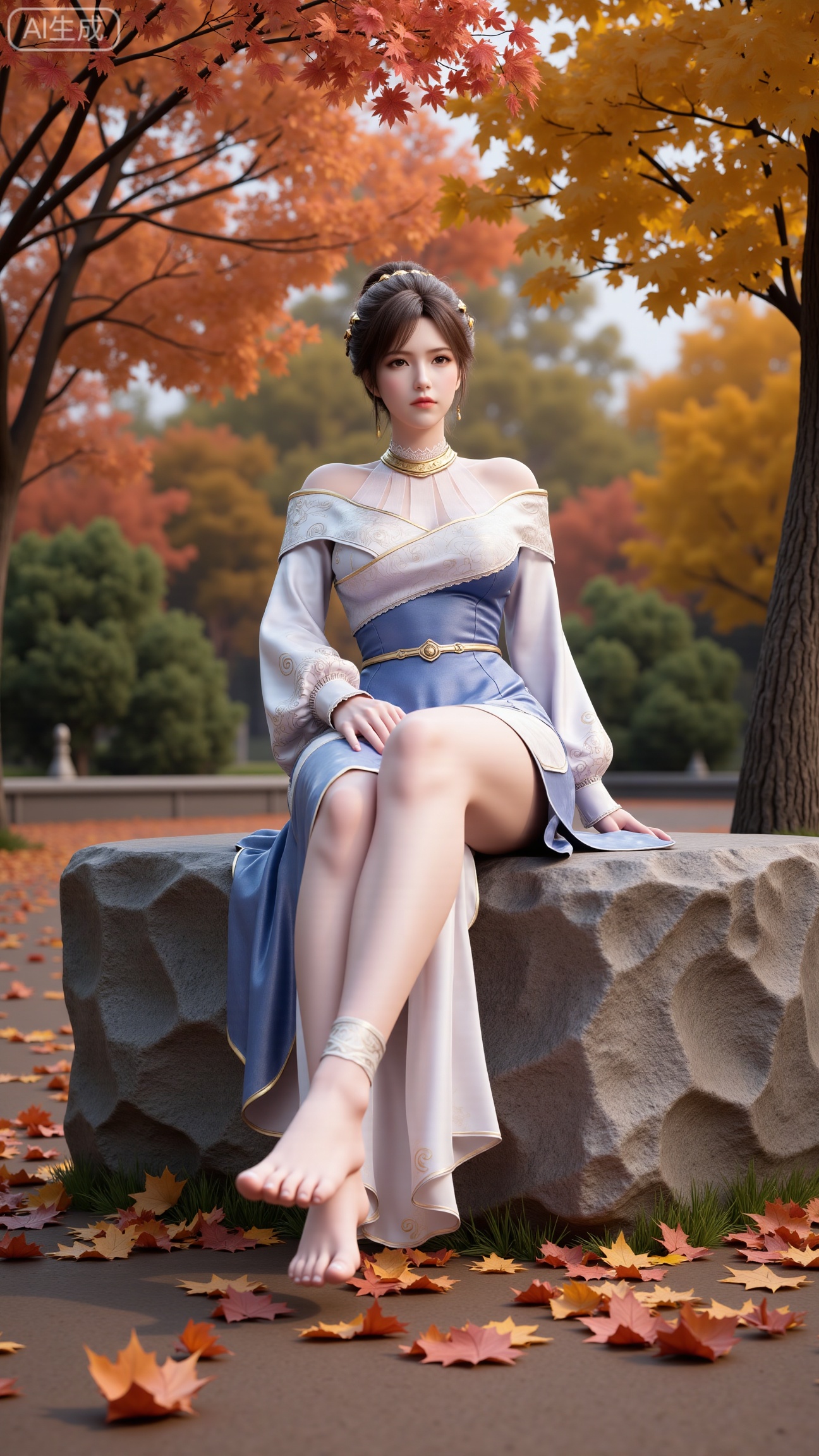 A beautiful woman seated on a stone, barefoot with a close - up of her feet. Taken from a low - angle perspective. Overall Concept: Create a visually stunning, aesthetically pleasing scene where the subject seamlessly blends with the natural environment, facing the viewer directly. The composition fully encompasses the character and the surrounding autumnal foliage, offering an expansive view. The character serves as the focal point, while the fallen leaves enhance the overall ambiance. Key elements include maple trees and fallen leaves. Perspective: The subject looks directly into the camera. Shot from a low - angle, upward perspective, this vantage point clearly showcases the spatial relationship between the character and the fallen leaves on the ground, providing a unique visual experience. Poses: Seated on the stone, one hand rests naturally on her leg, while the other relaxes by her side. Emphasize her delicate hands and fingers..,(huge breasts:2.99),(full breasts:2.99), , 
,XbaifengsongyuYH,Xbigbreasts,,XmuplXY,XmupeilingXY2,XanmiaoyiXY,XchuxuanerXZ,XxuxinXZ,XchuxuanerXG