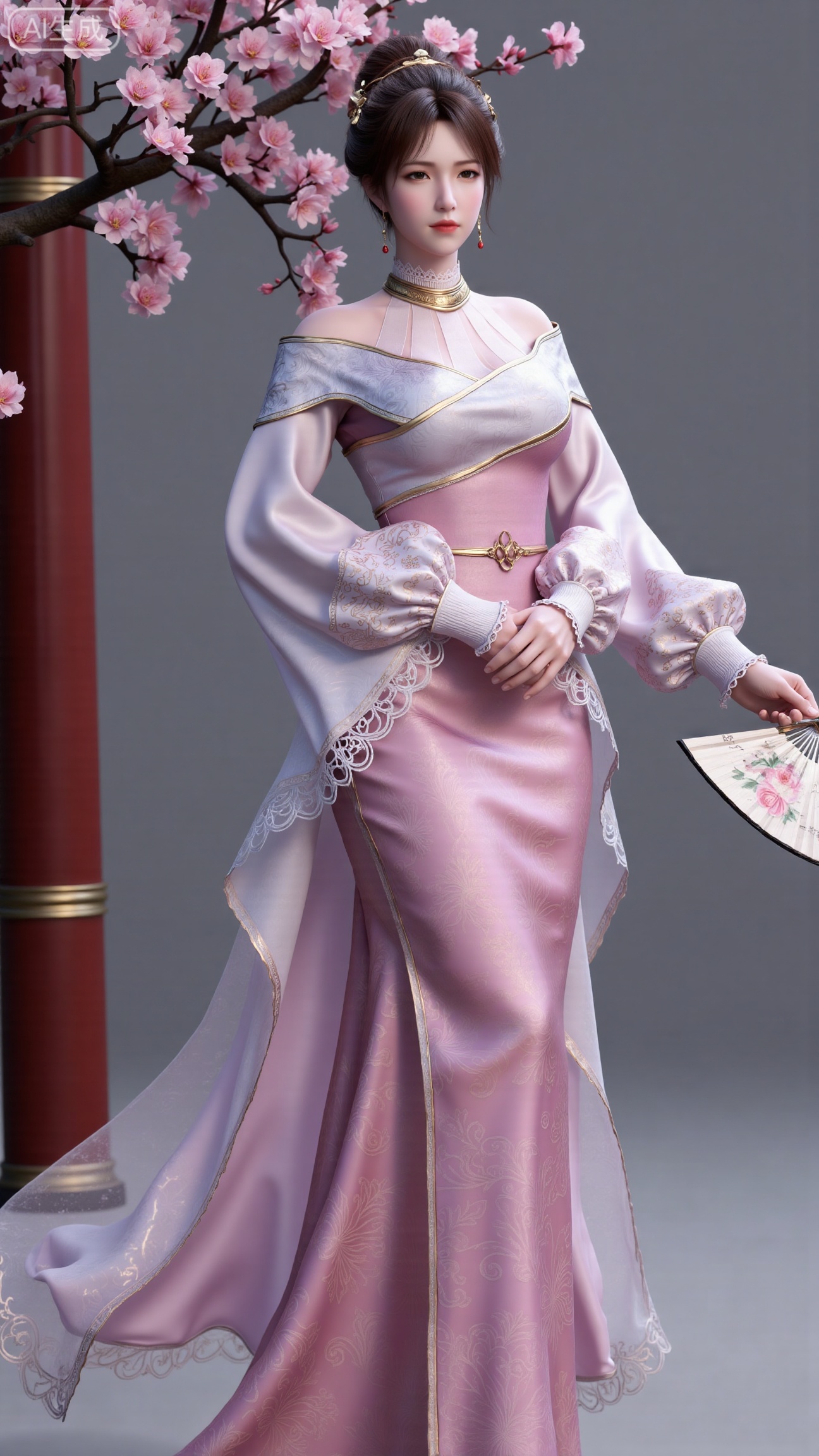 (masterpiece, best quality:1.23)A long - legged ancient - style courtesan girl, wearing a gorgeous and lightweight brocade ruqun. The hem of the skirt is embroidered with delicate peony patterns, with bright colors. She wears a semi - transparent gauze cape, fluttering in the wind. Her hair is combed into a complex bun, adorned with gold hairpins and pearl - jade headdresses, red ruby earrings on her ears, and a jade necklace around her neck. Holding a folding fan painted with orchids, standing in front of an antique pavilion, with a blooming peach tree behind her, showing a charming and amorous style,(huge breasts, full breasts:2.98), , 
,XbaifengsongyuYH,Xbigbreasts,,XmuplXY,XmupeilingXY2,XanmiaoyiXY,XchuxuanerXZ,XxuxinXZ,XchuxuanerXG