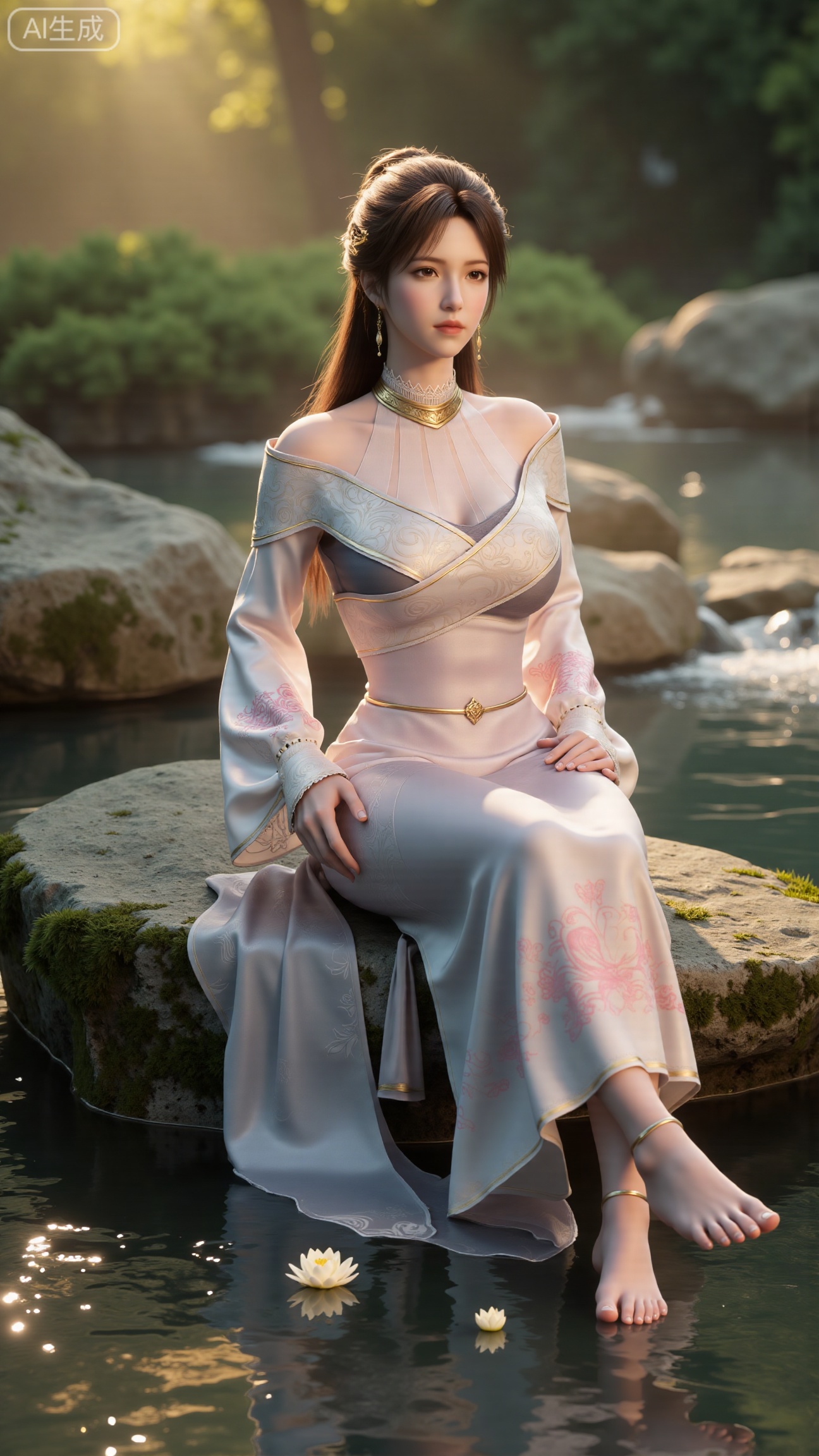 (masterpiece:1.3), ultra-detailed, 8k, photorealistic, best quality, cinematic lighting, volumetric sunlight, soft shadows, subsurface scattering, depth of field,  
A stunning young woman sits gracefully barefoot on a moss-covered rock beside a crystal-clear stream in a tranquil forest. The sunlight filters through the trees, casting dappled golden light on her smooth skin and the rippling water.  
She wears an exquisite long dress with fine pink and gold embroidery across the chest and short sleeves. Her long, dark hair flows naturally over her shoulders, softly illuminated by the warm light.  
Her bare feet touch the cool moss and shallow water, adding a sense of intimacy and realism. One hand rests gently on her hip, while the other holds a blooming lotus flower, her expression calm and serene.  
Mist rises gently from the water, with reflections dancing on the surface, creating a peaceful, ethereal atmosphere.  
(background with mossy stones, flowing stream, forest sunlight, soft haze, and gentle reflections:1.6), (realistic skin texture:1.3), (natural color tones:1.3), (film look:1.2)
(huge breasts:2.99),(full breasts:2.99),,
,XbaifengsongyuYH,Xbigbreasts,,XtianqiongYH,XhanyunzhiXYH,XanmyXY,XmupeilingX,XmupeilingX2,Xchangtui,XmuplXY,XmupeilingXY2,XanmiaoyiXY,XchuxuanerXZ,XxuxinXZ,XchuxuanerXG