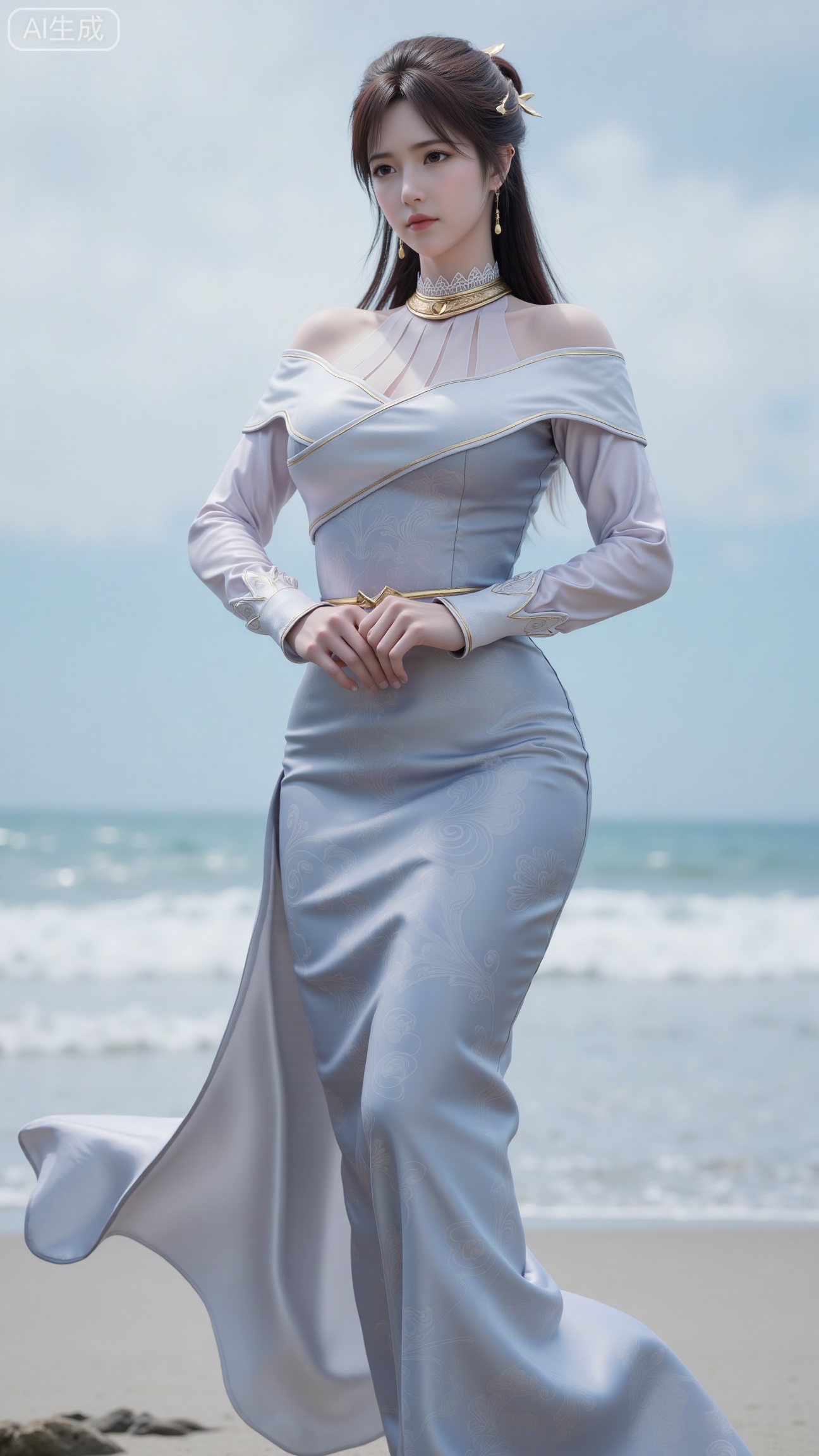 masterpiece, best quality, 1girl,solo,looking at viewer,( outdoor:1.3),sea,beach,realistic,midriff,bare shoulders,standting,hair ornament,long hair,jewelry,long dress,cowboy shot, (huge breasts, full breasts:2.69),, 
,XbaifengsongyuYH,Xbigbreasts,,XtianqiongYH,XhanyunzhiXYH,XanmyXY,XmupeilingX,XmupeilingX2,Xchangtui,XmuplXY,XmupeilingXY2,XanmiaoyiXY,XchuxuanerXZ,XxuxinXZ,XchuxuanerXG